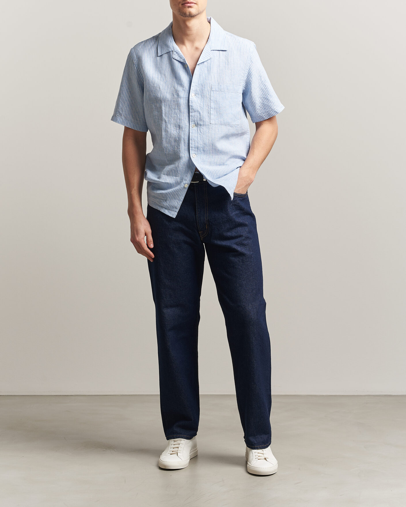 Herr | Skjortor | A Day's March | Yamu Striped Linen Short Sleeve Shirt Light Blue