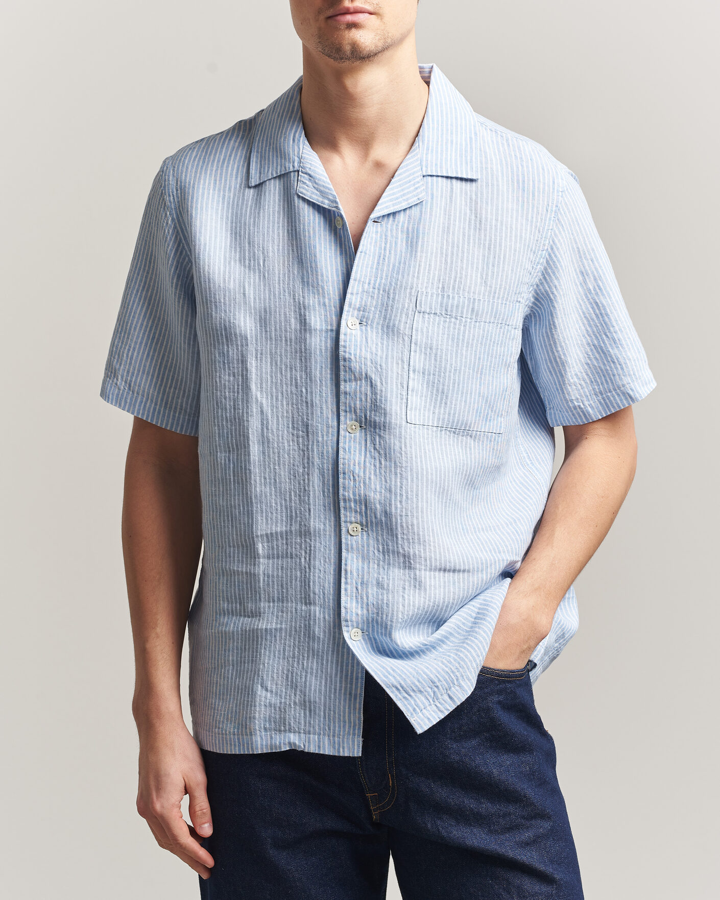 Herr | Skjortor | A Day's March | Yamu Striped Linen Short Sleeve Shirt Light Blue