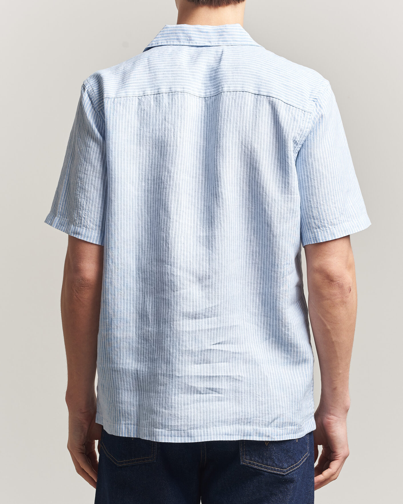 Herr | Skjortor | A Day's March | Yamu Striped Linen Short Sleeve Shirt Light Blue