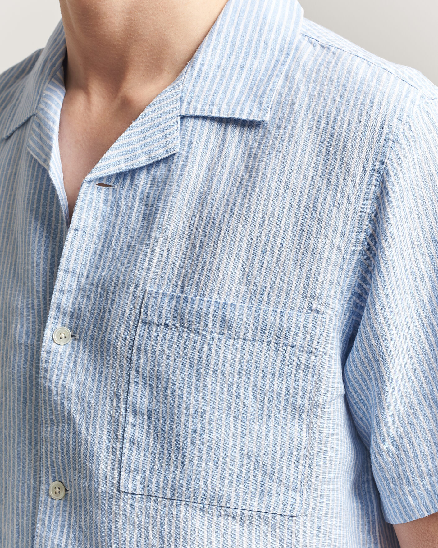 Herr | Skjortor | A Day's March | Yamu Striped Linen Short Sleeve Shirt Light Blue