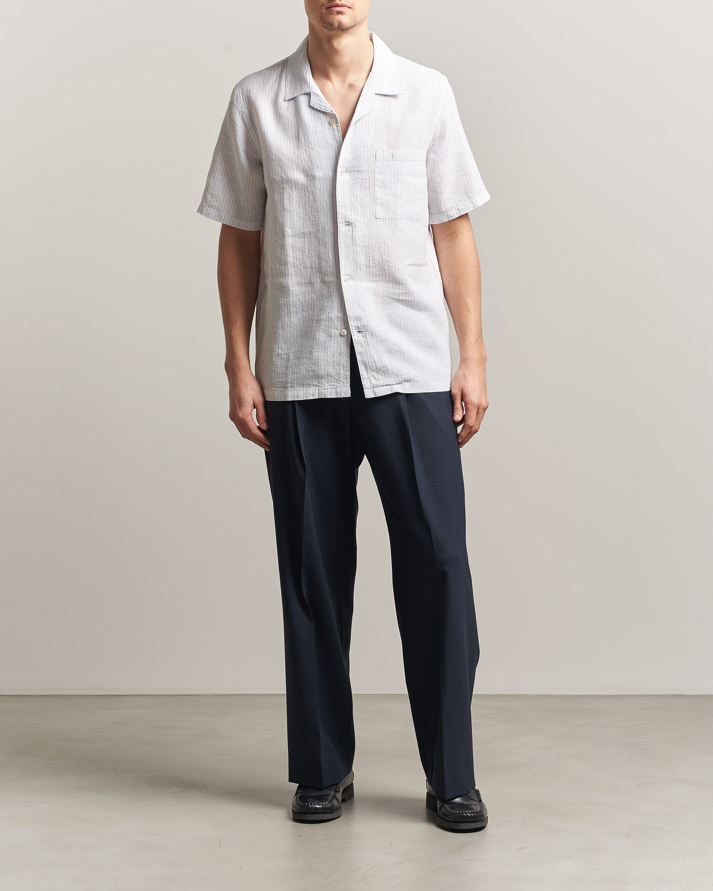 Herr | Skjortor | A Day's March | Yamu Striped Linen Short Sleeve Shirt White