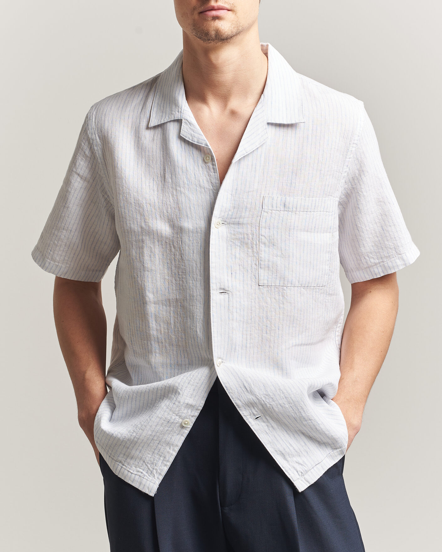 Herr | Skjortor | A Day's March | Yamu Striped Linen Short Sleeve Shirt White