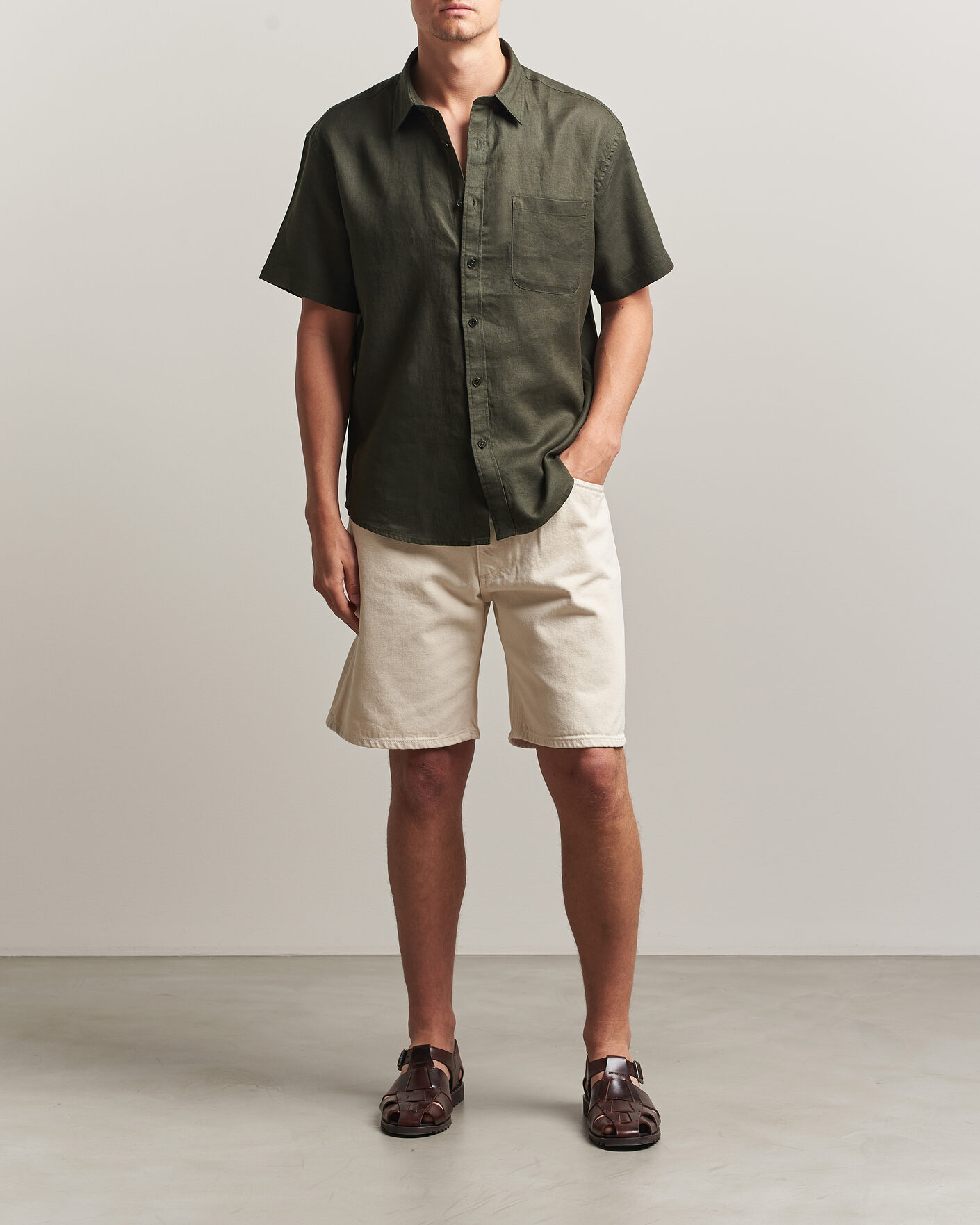 Herr | Skjortor | NN07 | Deon Linen Short Sleeve Shirt Dark Army