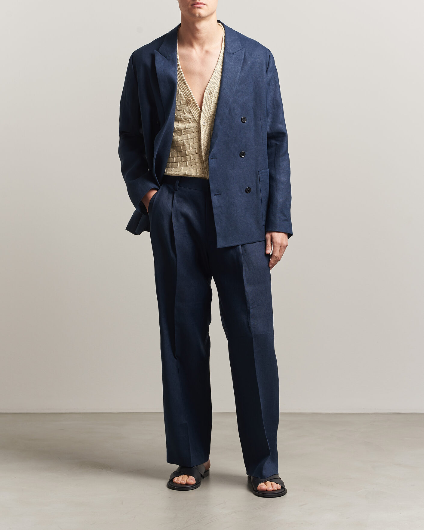 Herr | Byxor | NN07 | Justin Linen Double Pleated Trousers Navy Blue