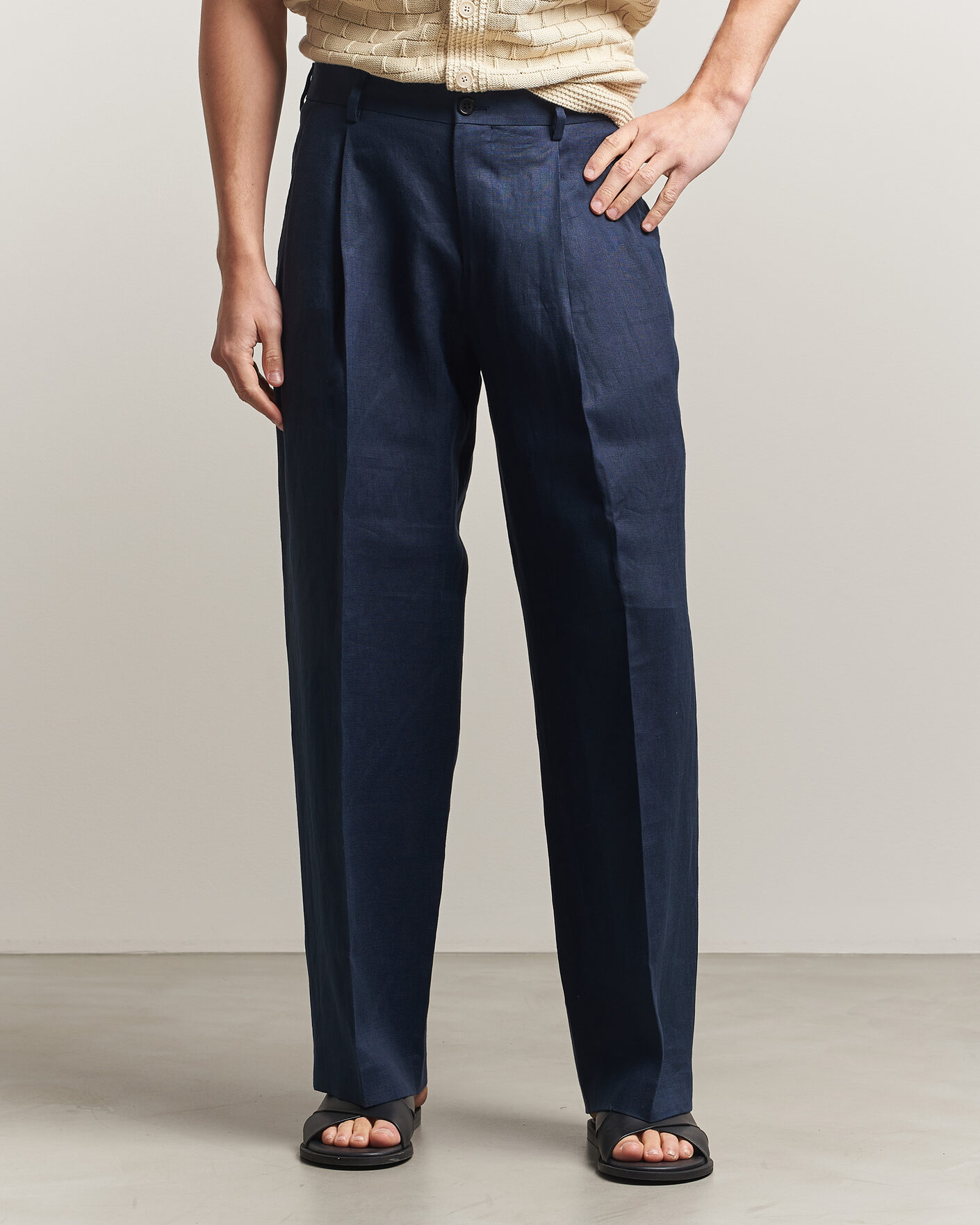 Herr | Byxor | NN07 | Justin Linen Double Pleated Trousers Navy Blue
