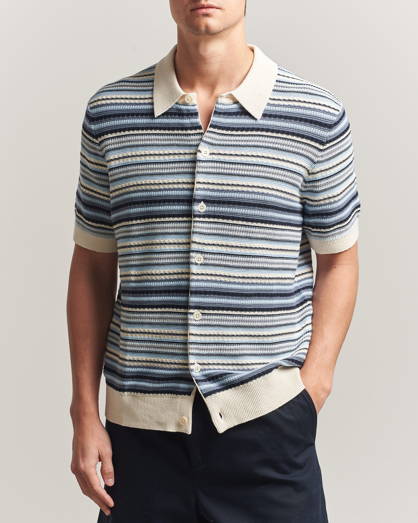 Herr | Skjortor | NN07 | Nolan Striped Knitted Short Sleeve Shirt Navy Multi