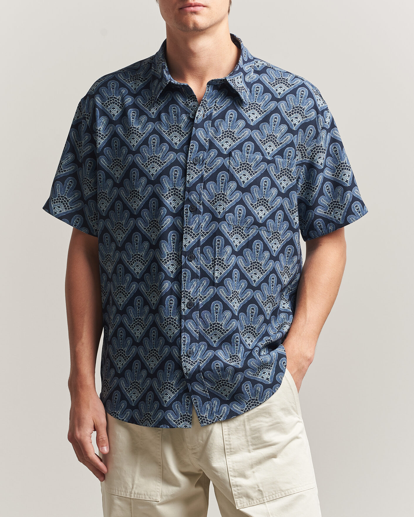 Herr | Skjortor | NN07 | Deon Printed Short Sleeve Shirt Navy Blue