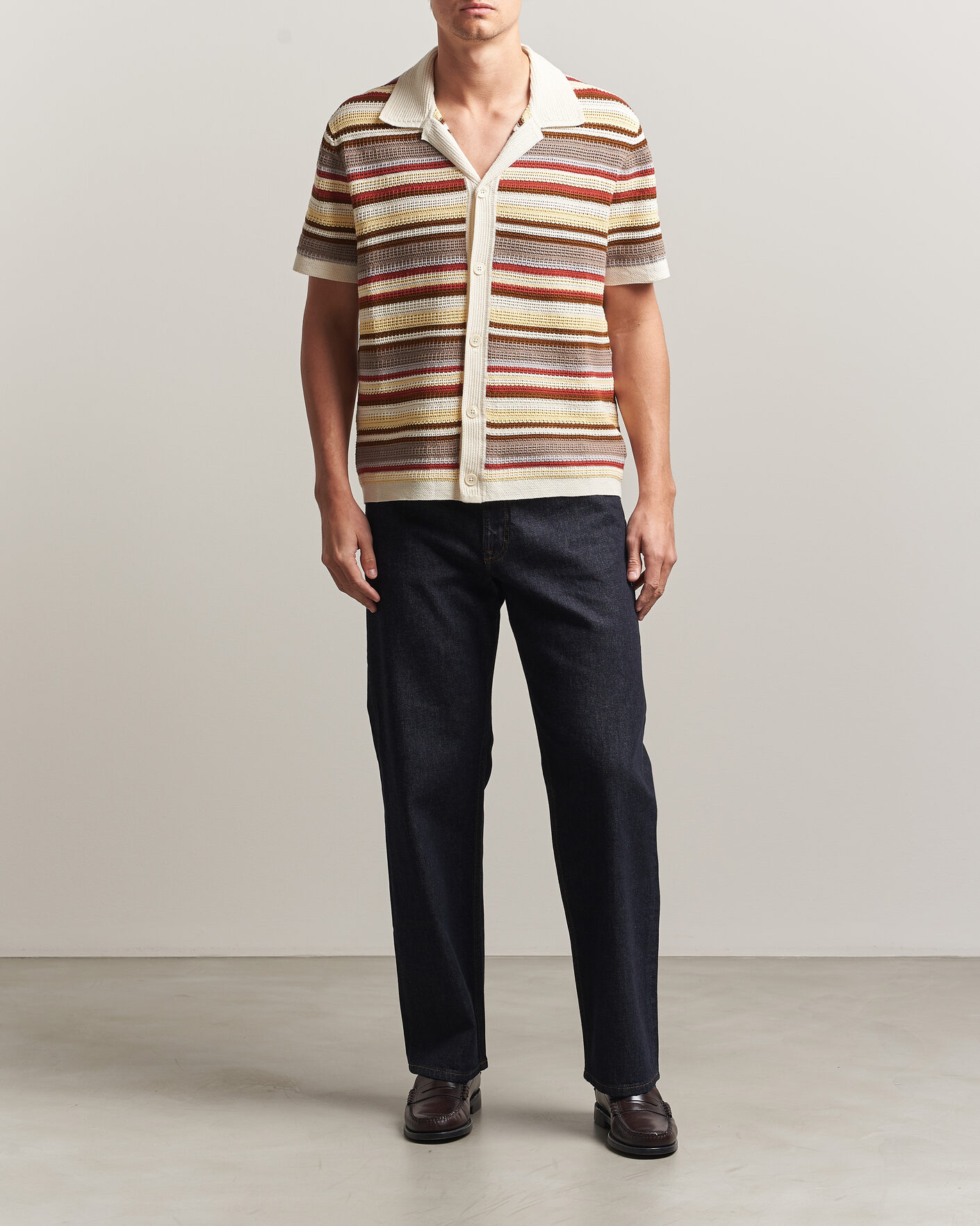 Herr | Skjortor | NN07 | Lars Striped Knitted Short Sleeve Shirt Ivory Multi