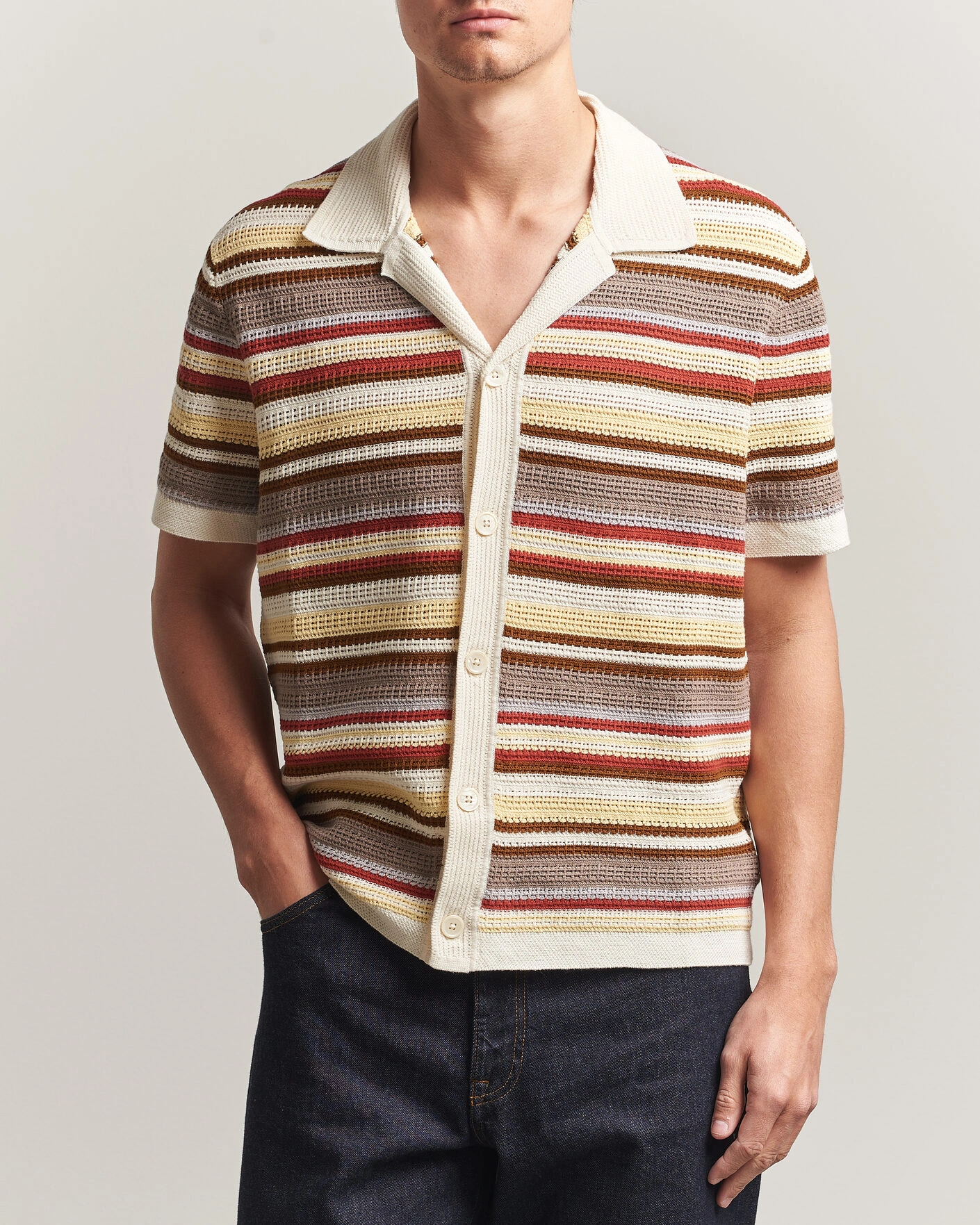 Herr | Skjortor | NN07 | Lars Striped Knitted Short Sleeve Shirt Ivory Multi
