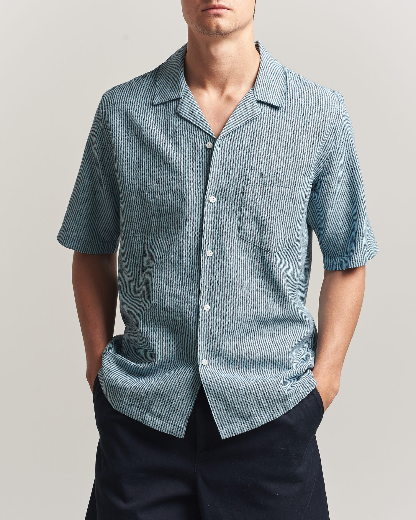Herr | Skjortor | Samsøe Samsøe | Oscar Linen/Cotton Striped Short Sleeve Shirt Tourmaline