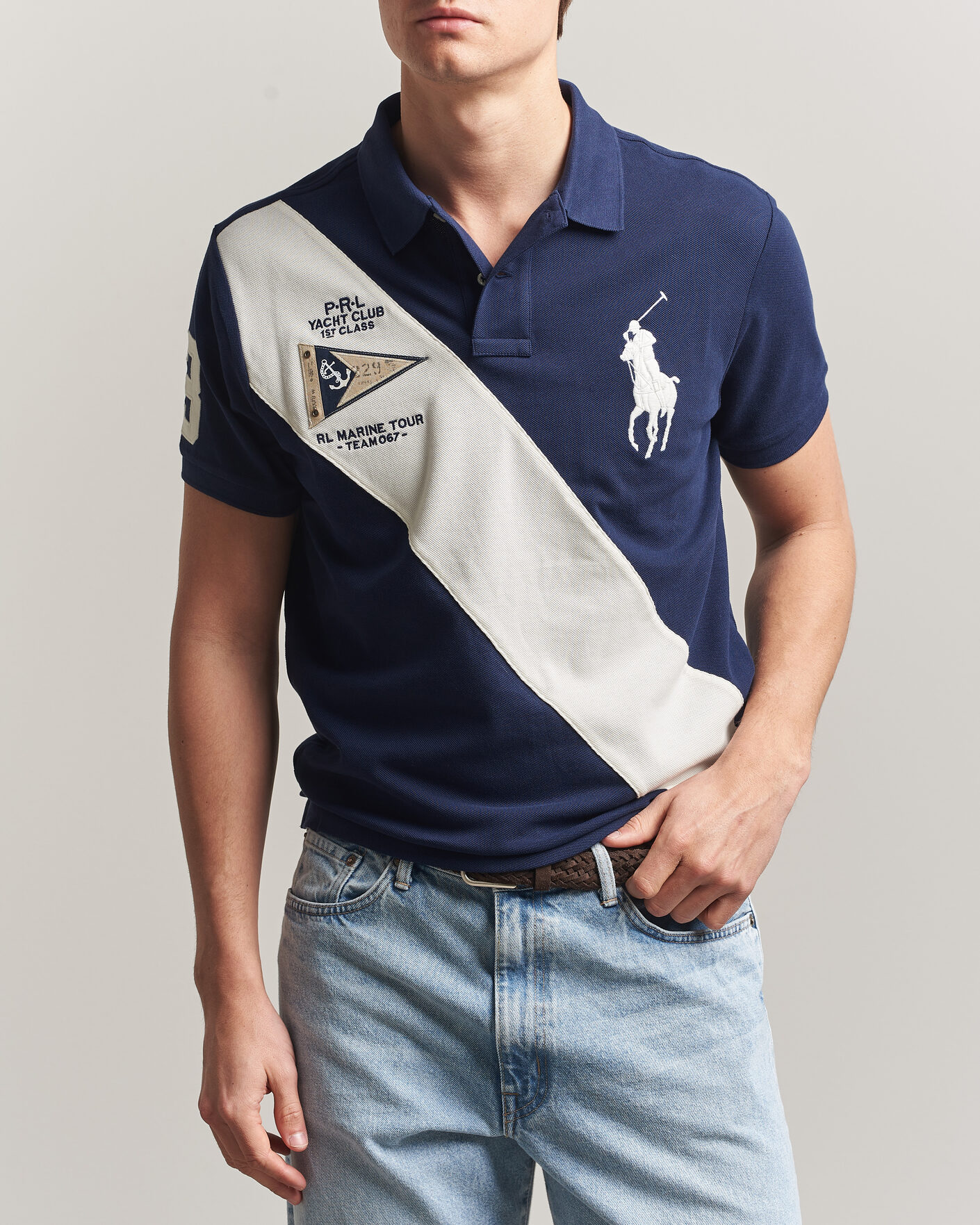 Herr | Pikéer | Polo Ralph Lauren | Custom Slim Diagonal Stipe Polo Newport Navy/Nevis