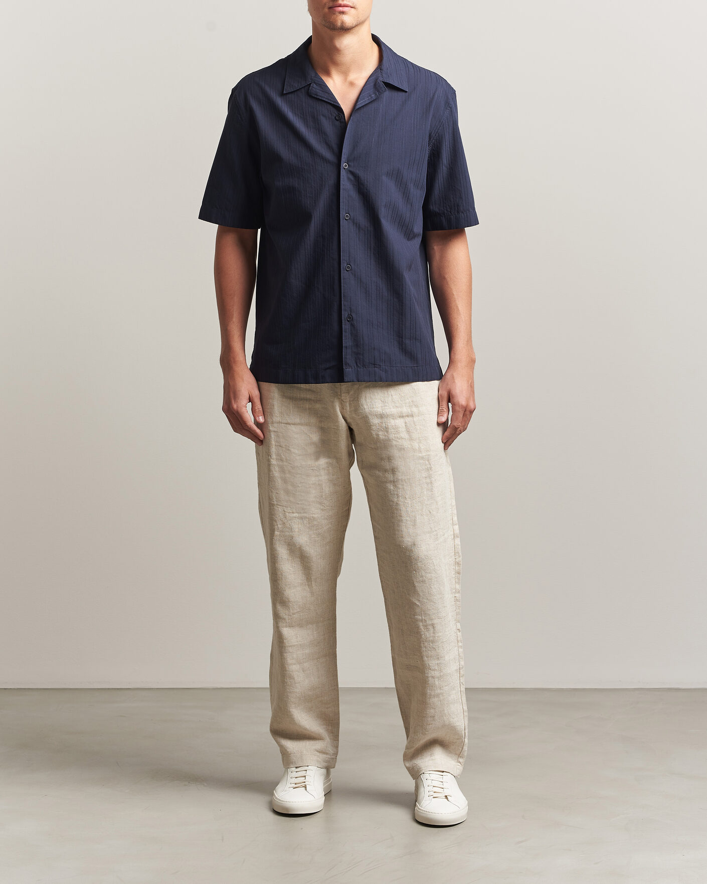 Herr | Skjortor | Sunspel | Short Sleeve Textured Stripe Shirt Navy