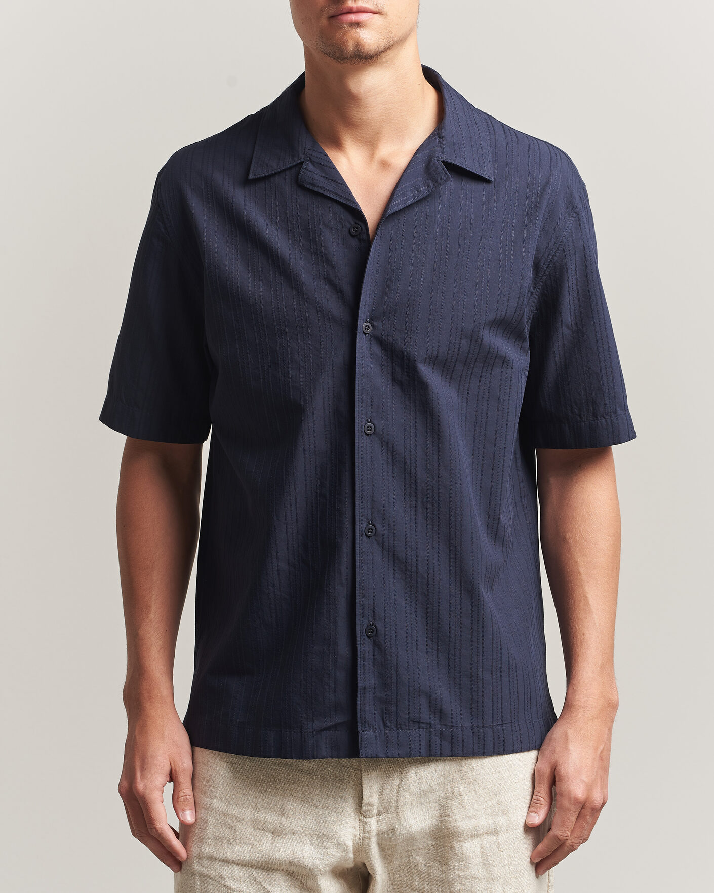 Herr | Skjortor | Sunspel | Short Sleeve Textured Stripe Shirt Navy