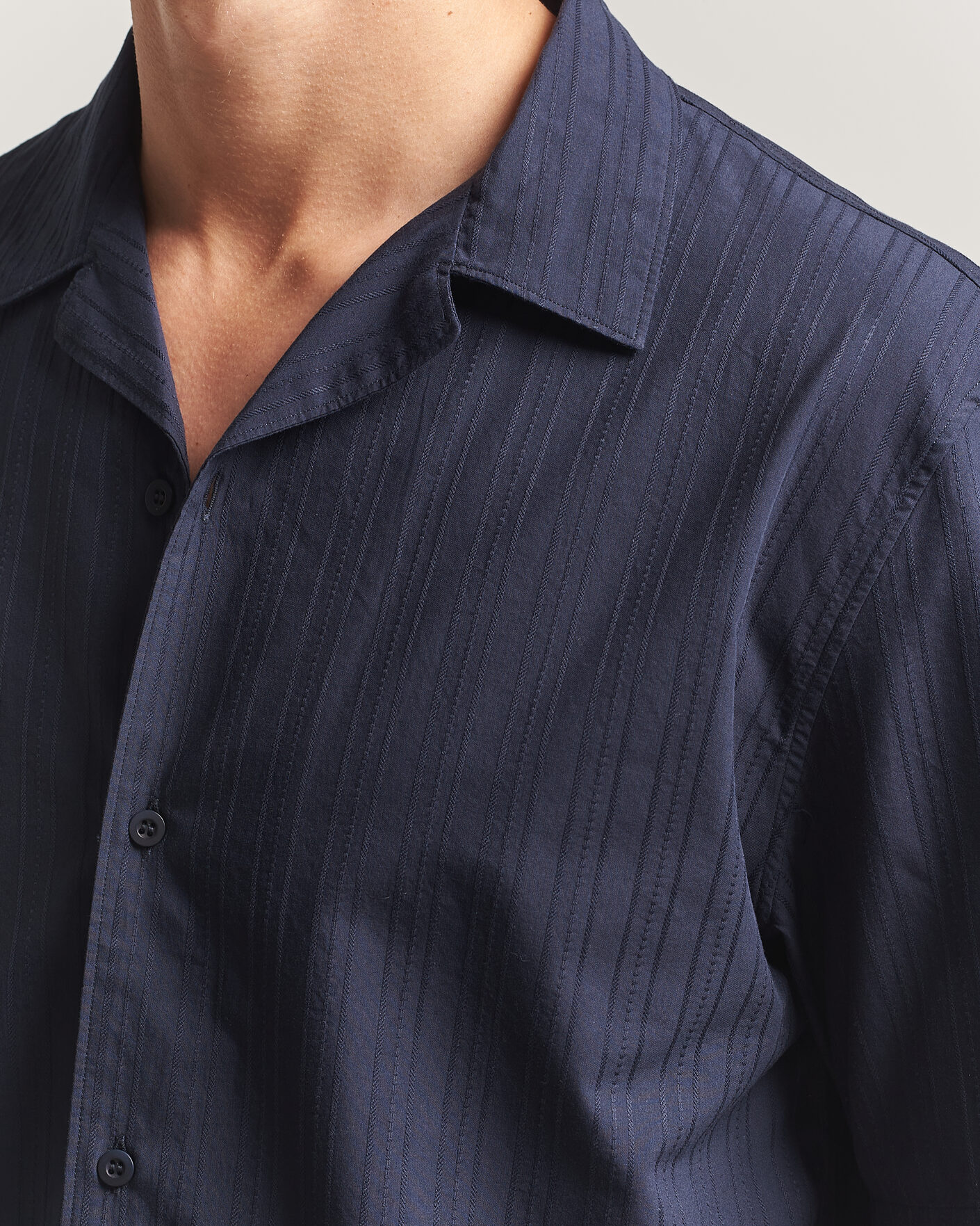 Herr | Skjortor | Sunspel | Short Sleeve Textured Stripe Shirt Navy