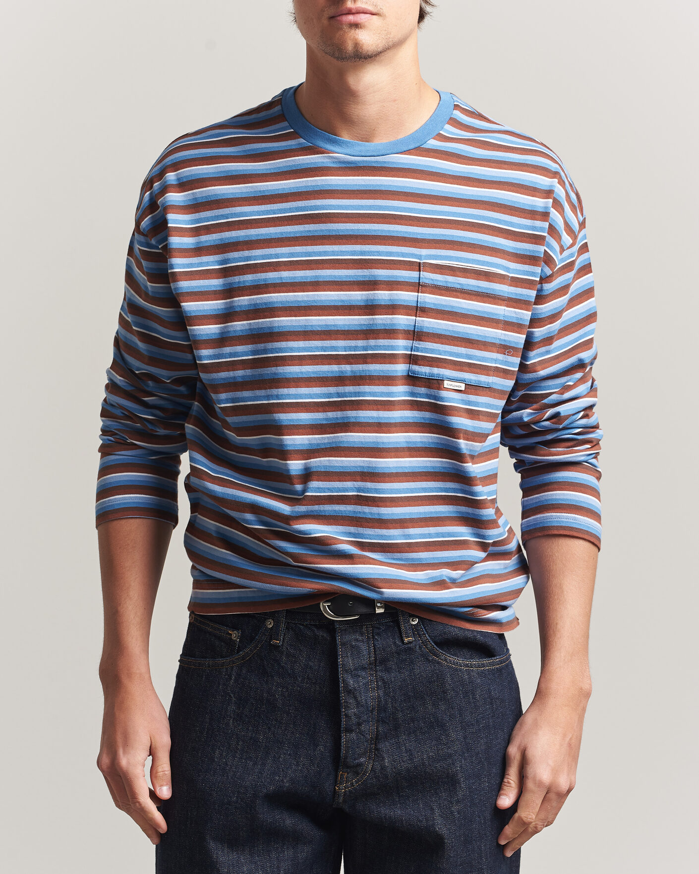 Herr | T-Shirts | Sunflower | Long Sleeve Pocket Tee Blue Stripe