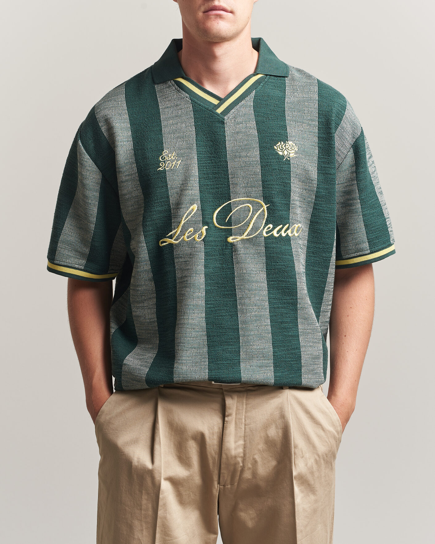 Herr | Pikéer | LES DEUX | Stripe Jacquard Football Jersey Pine Green