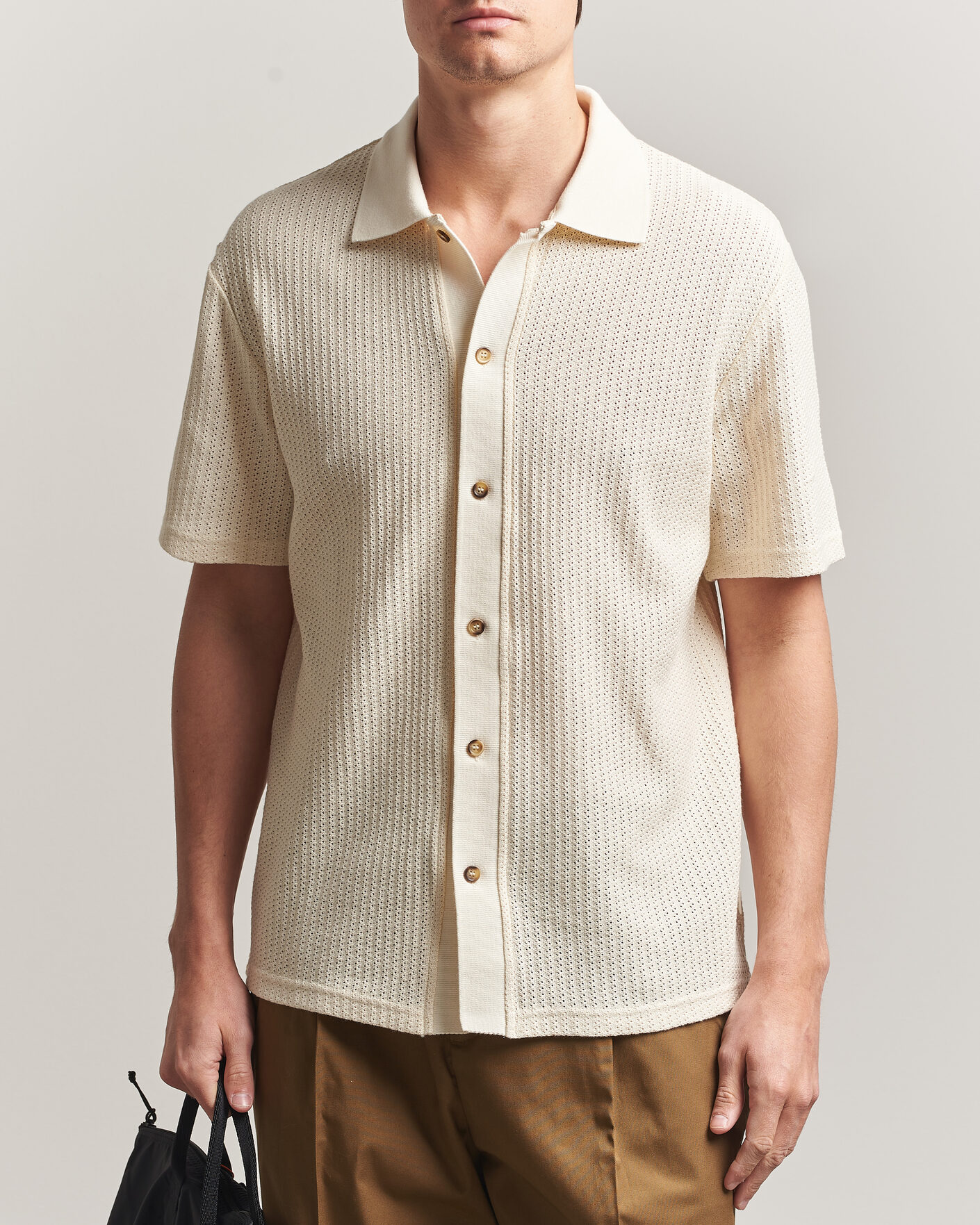 Herr | Skjortor | LES DEUX | Pointelle Short Sleeve Knitted Shirt Eggnog White