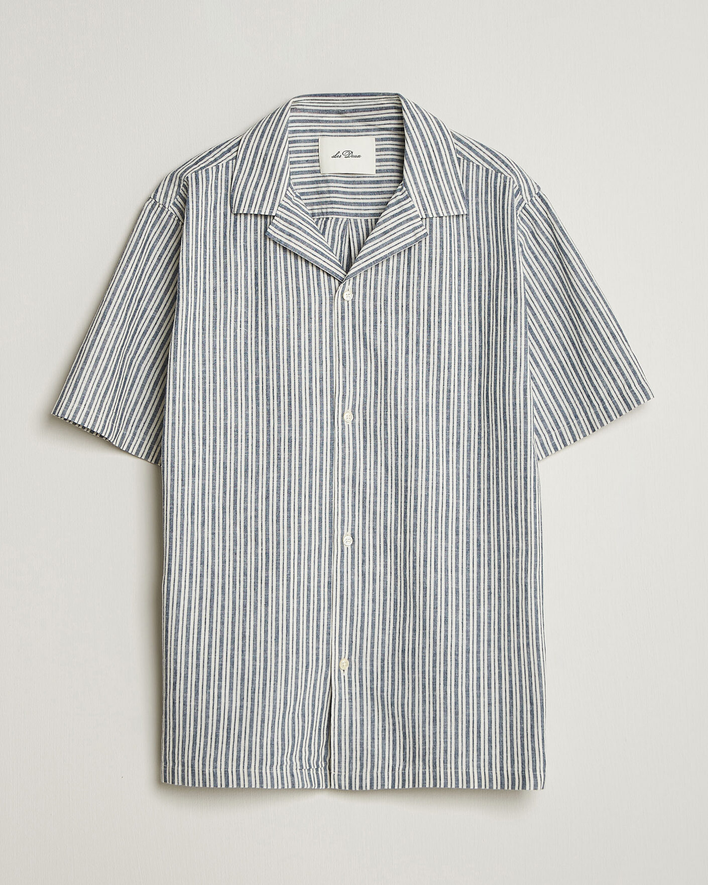 Herr | Skjortor | LES DEUX | Stripe Cotton/Linen Short Sleeve Shirt Dark Blue