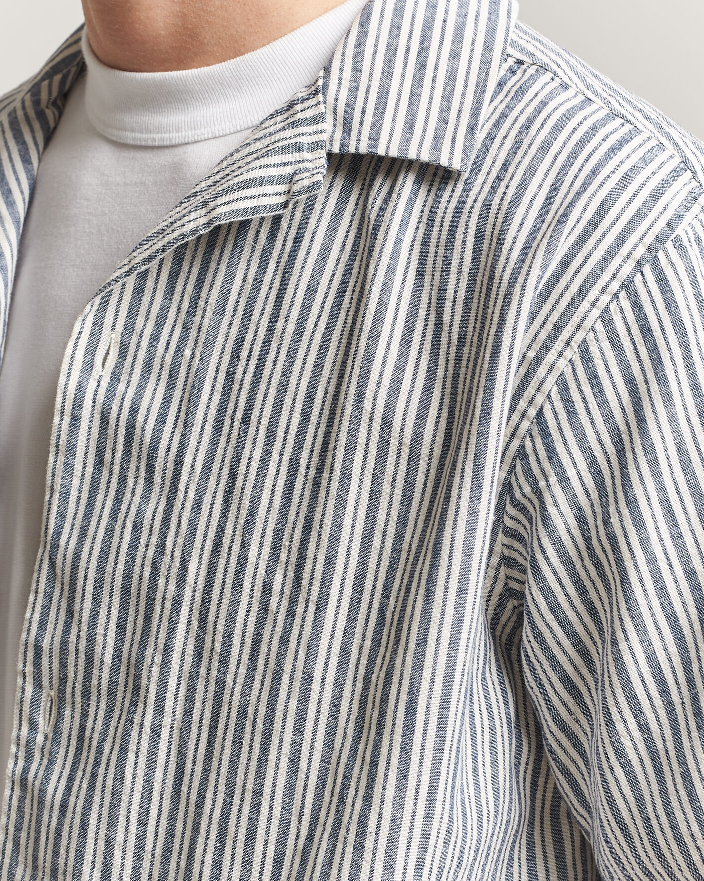 Herr | Skjortor | LES DEUX | Stripe Cotton/Linen Short Sleeve Shirt Dark Blue