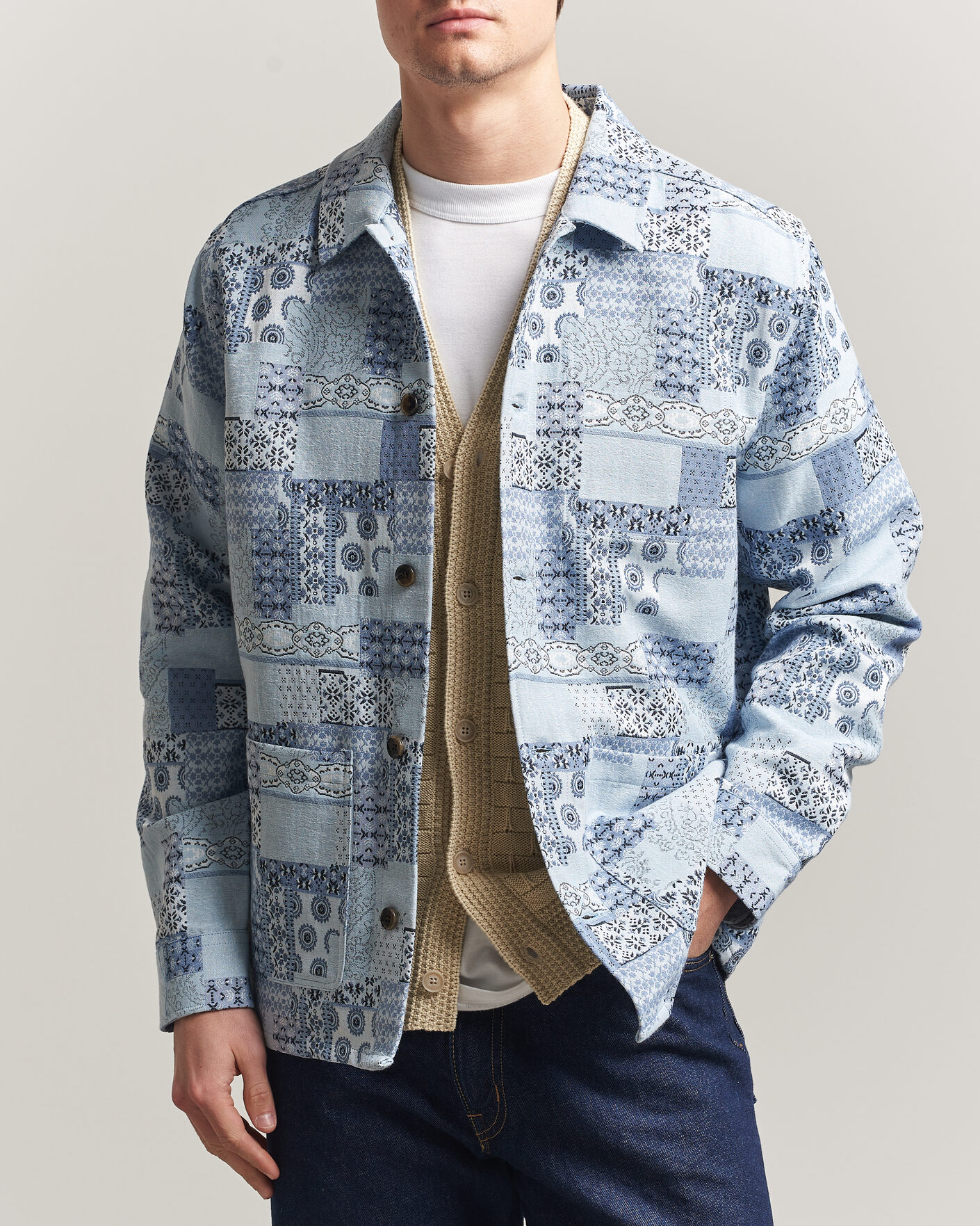 Herr | Skjortor | LES DEUX | Patchwork Jacquard Overshirt Skyway Blue