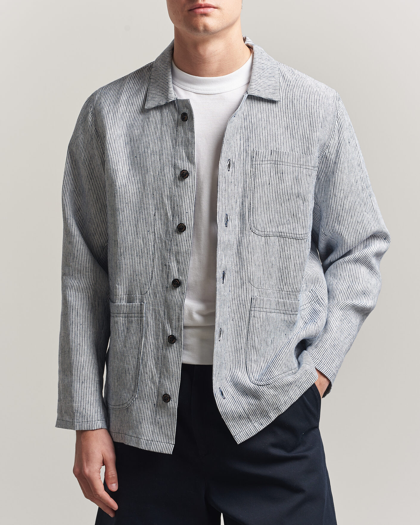 Herr | Skjortor | Peregrine | Windsor Linen Shacket Navy Stripe