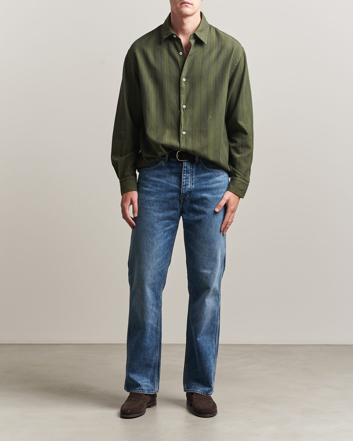Herr | Skjortor | Massimo Alba | Boxy Striped Cotton Shirt Moss Green