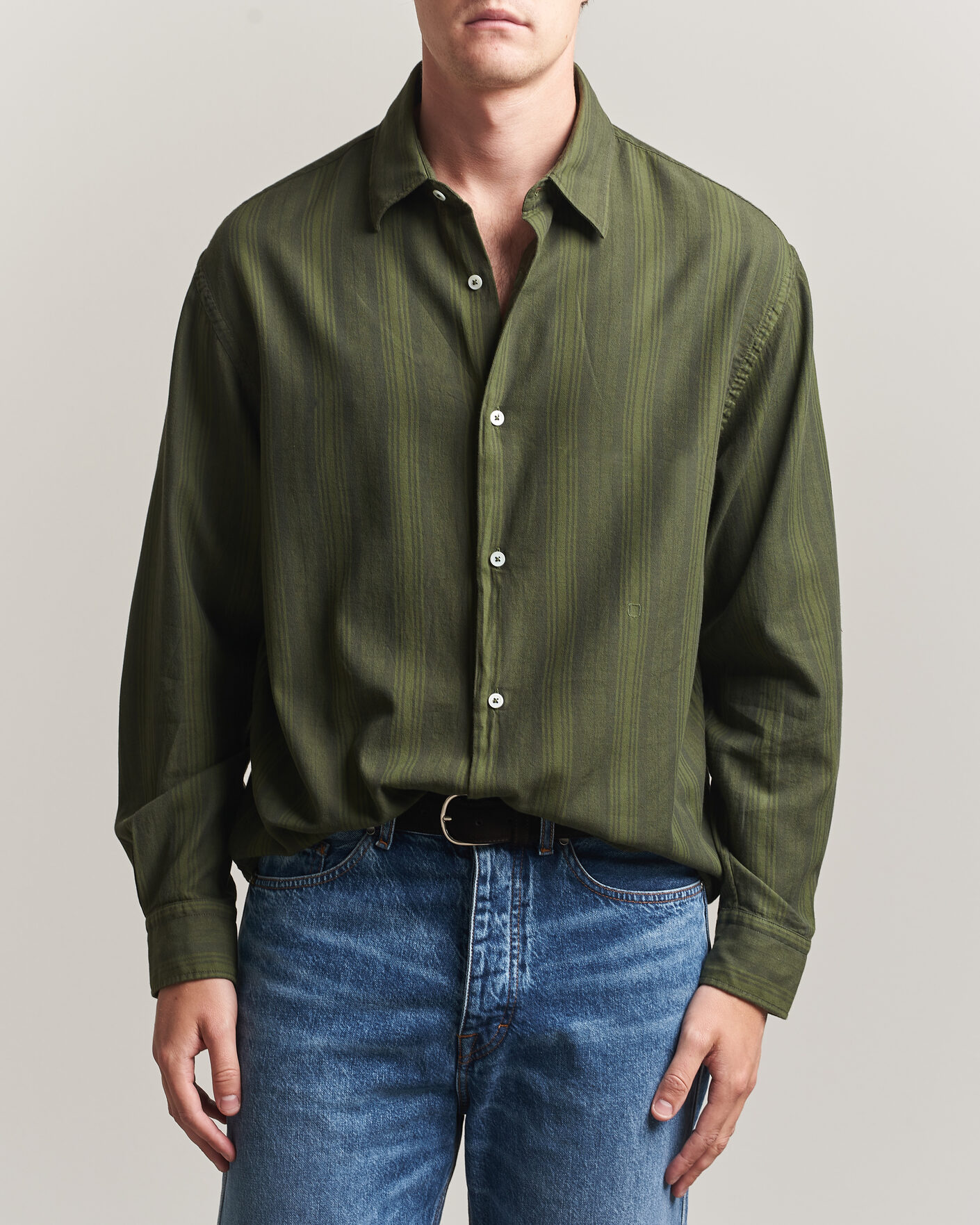 Herr | Skjortor | Massimo Alba | Boxy Striped Cotton Shirt Moss Green