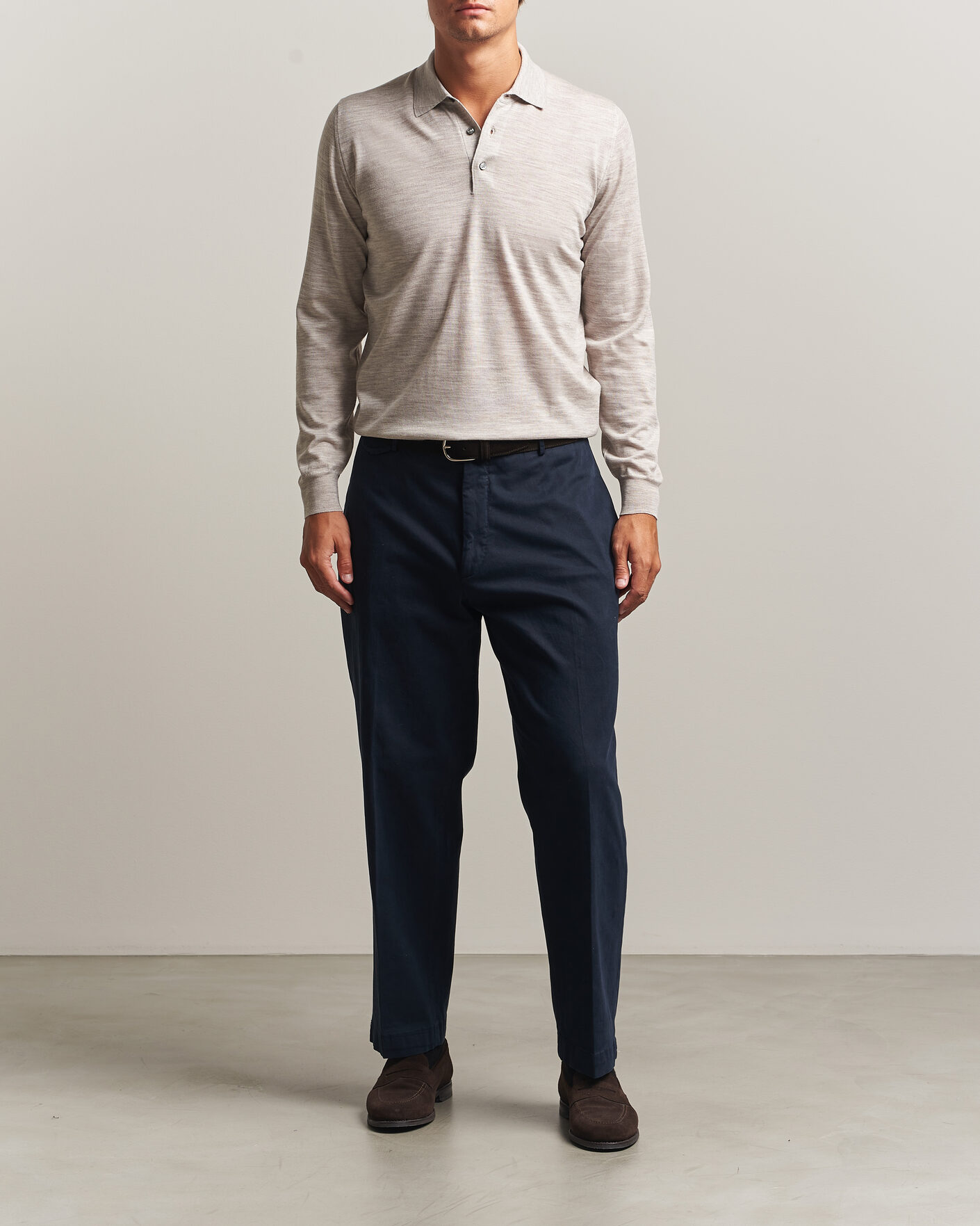 Herr | Tröjor | Fedeli | 140s Fine Wool Long Sleeve Polo Beige Melange