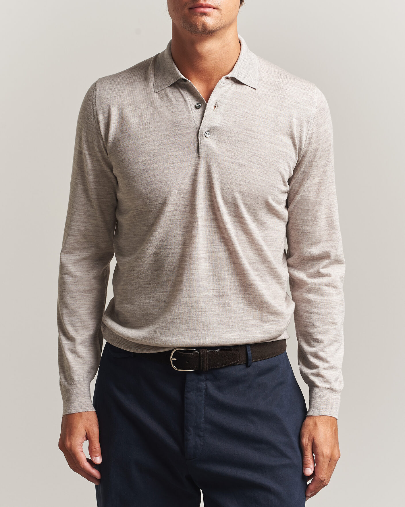 Herr | Tröjor | Fedeli | 140s Fine Wool Long Sleeve Polo Beige Melange