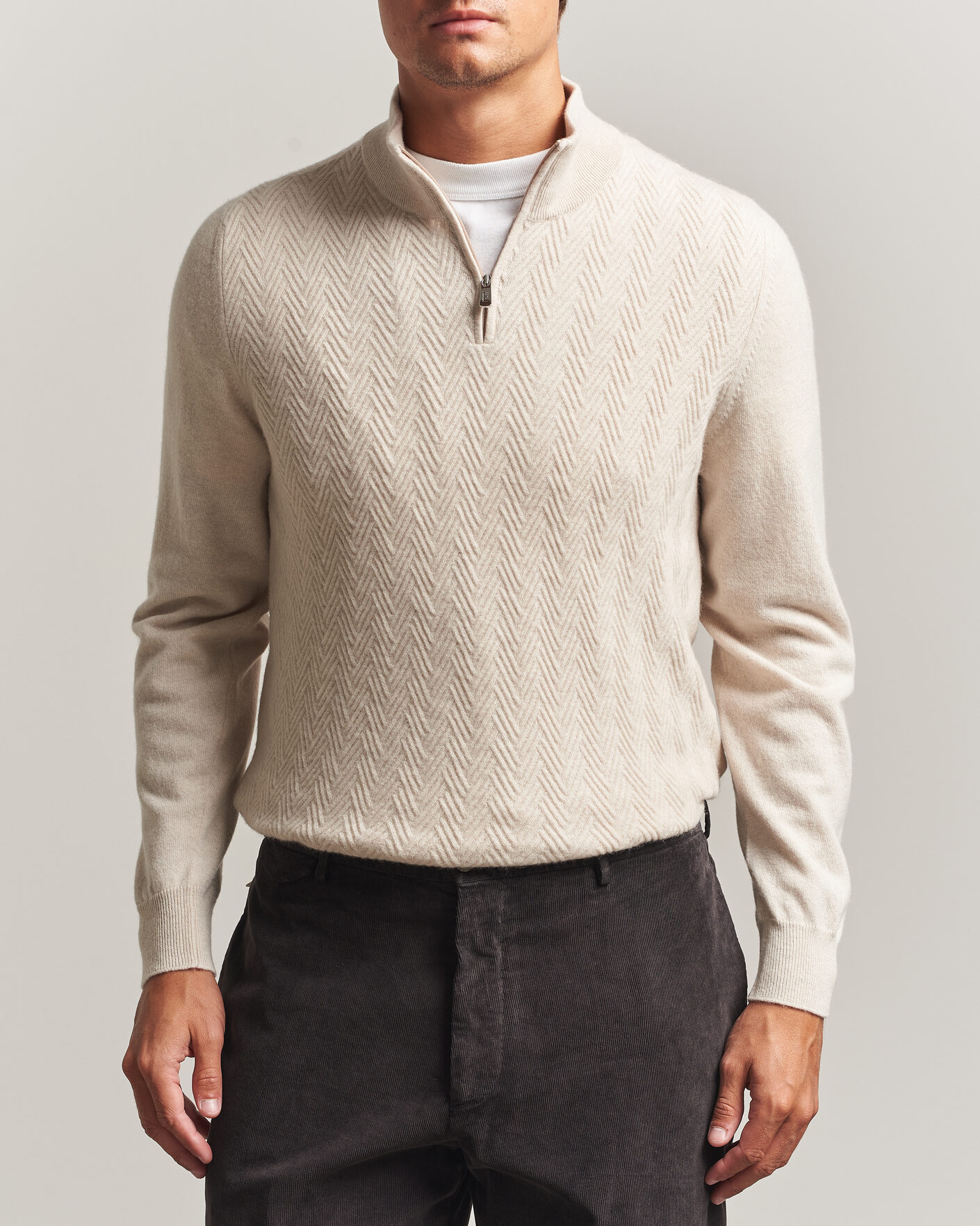 Herr | Tröjor | Fedeli | Wool/Cashmere Chevron Half Zip Light Beige