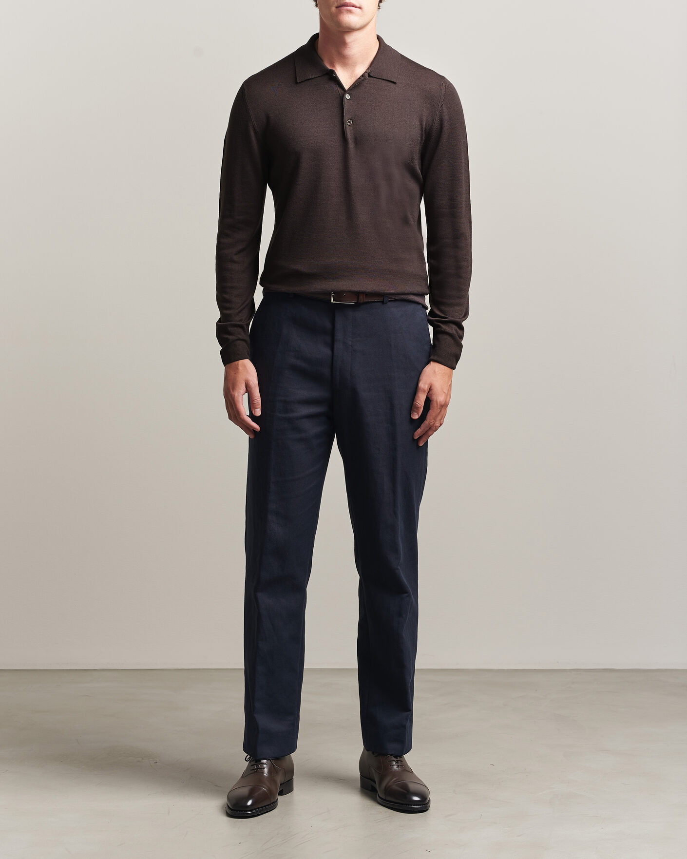 Herr | Tröjor | Canali | Merino Wool Long Sleeve Polo Dark Brown