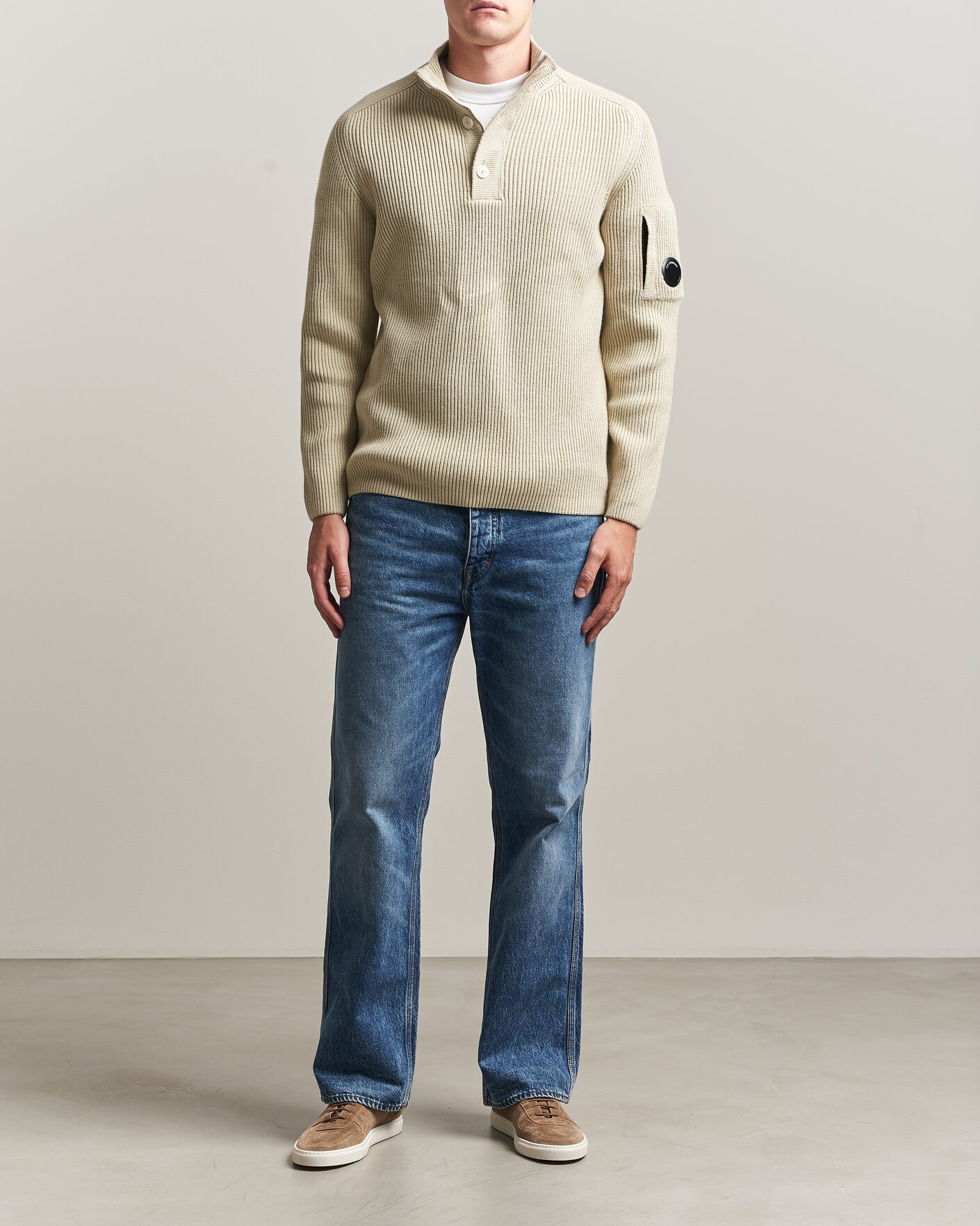 Herr | Tröjor | C.P. Company | Full Rib Knitted Cotton Half Button Light Grey