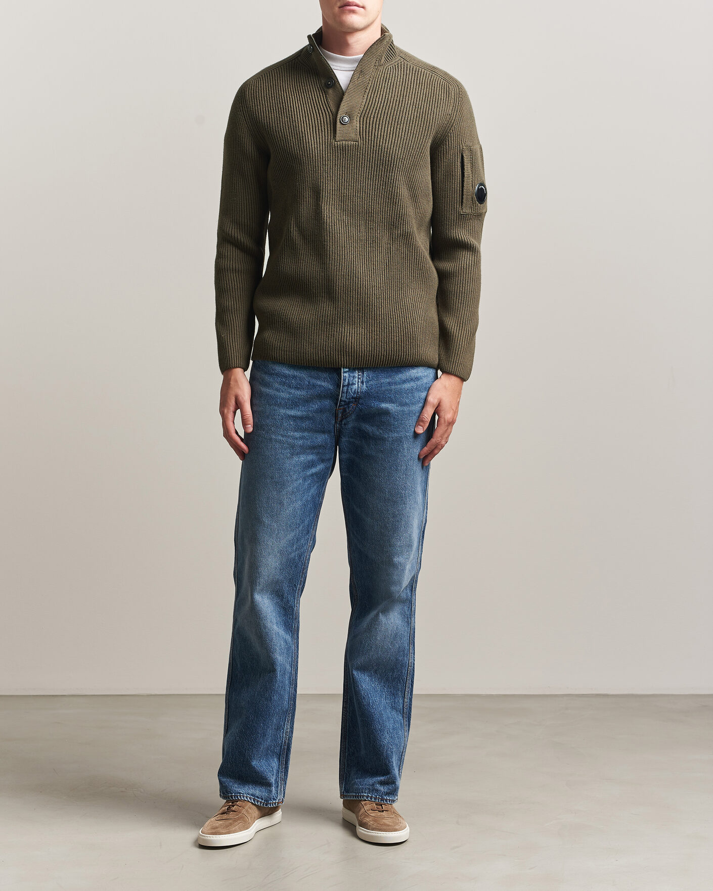 Herr | Tröjor | C.P. Company | Full Rib Knitted Cotton Half Button Dark Green