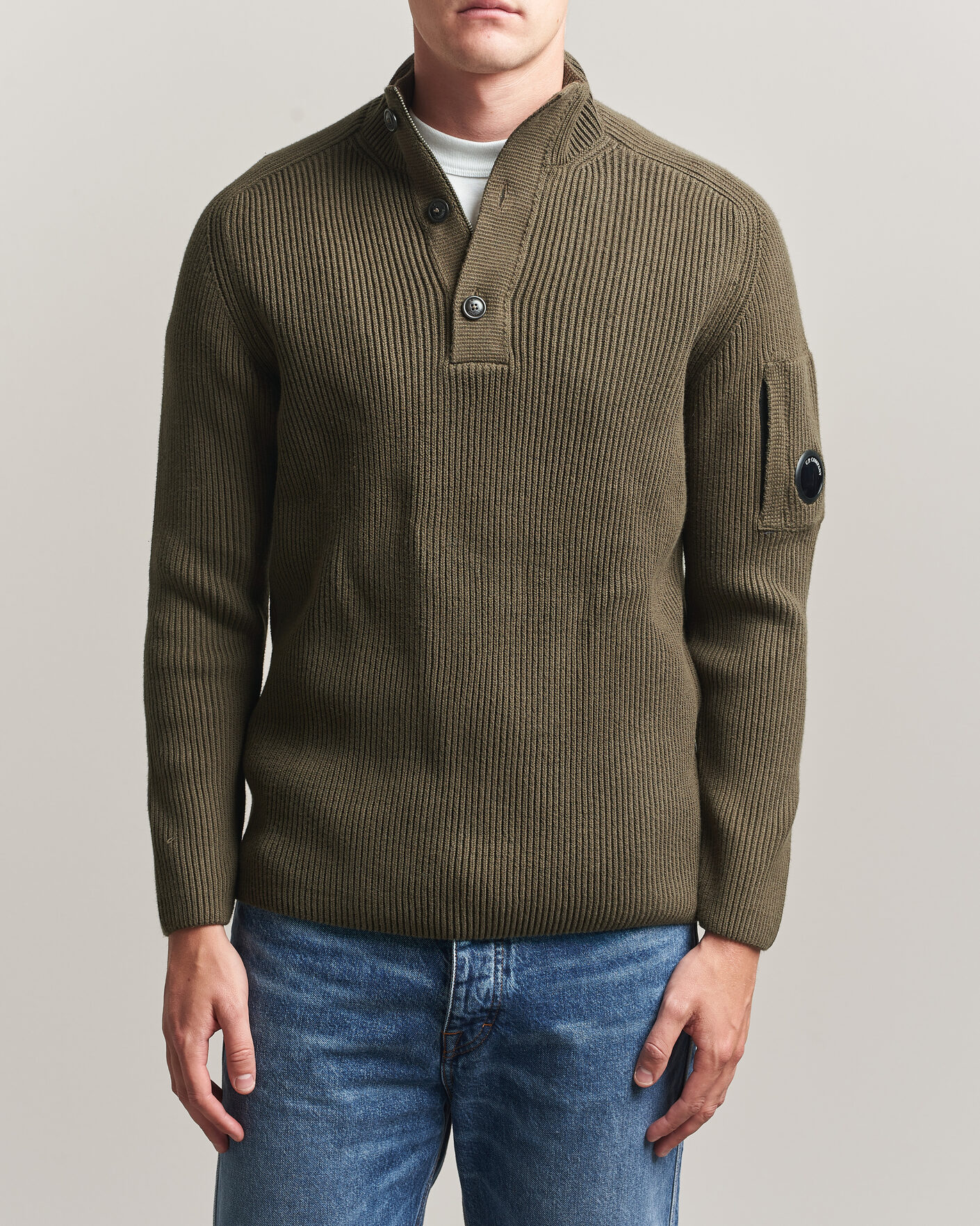 Herr | Tröjor | C.P. Company | Full Rib Knitted Cotton Half Button Dark Green