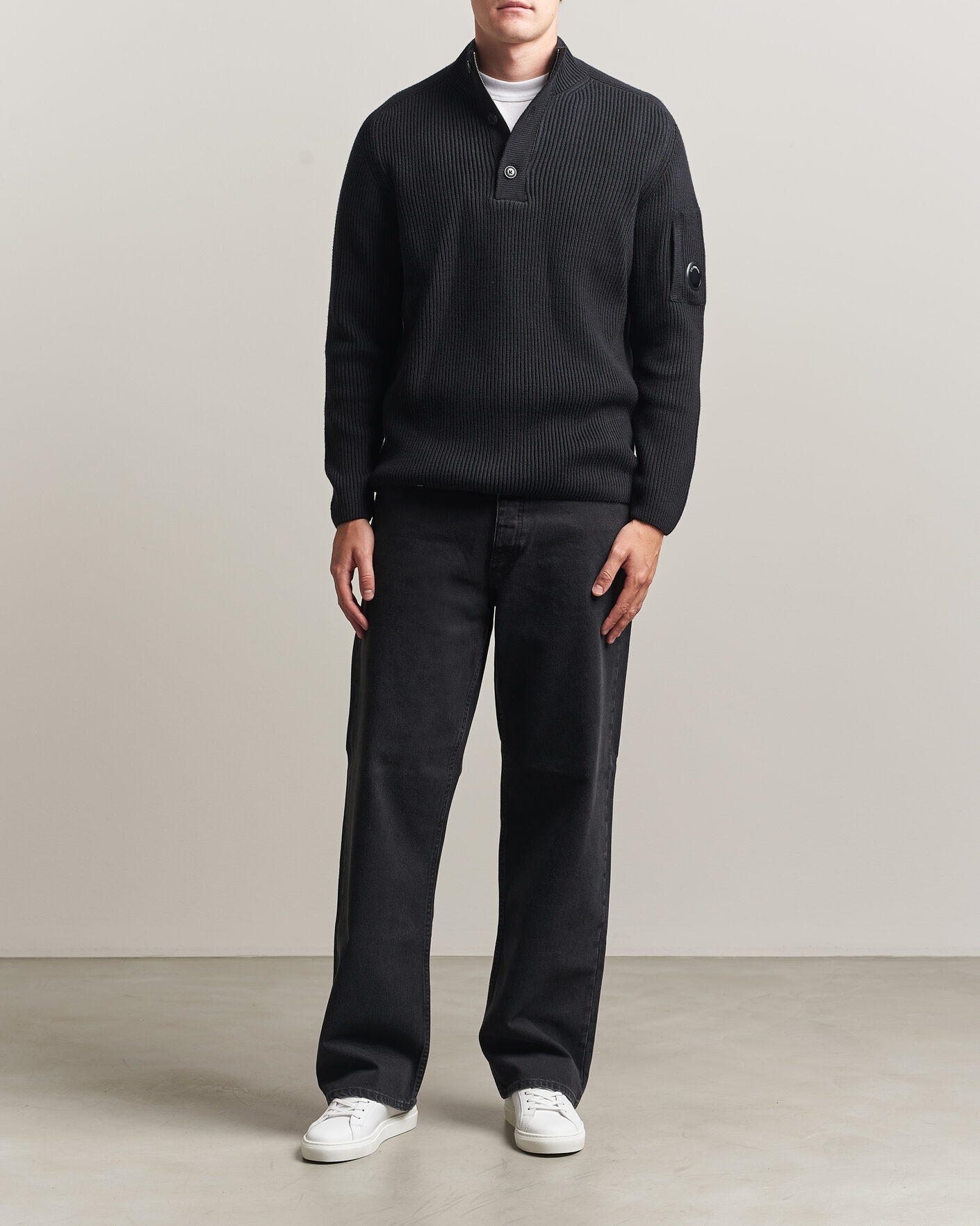 Herr | Tröjor | C.P. Company | Full Rib Knitted Cotton Half Button Black