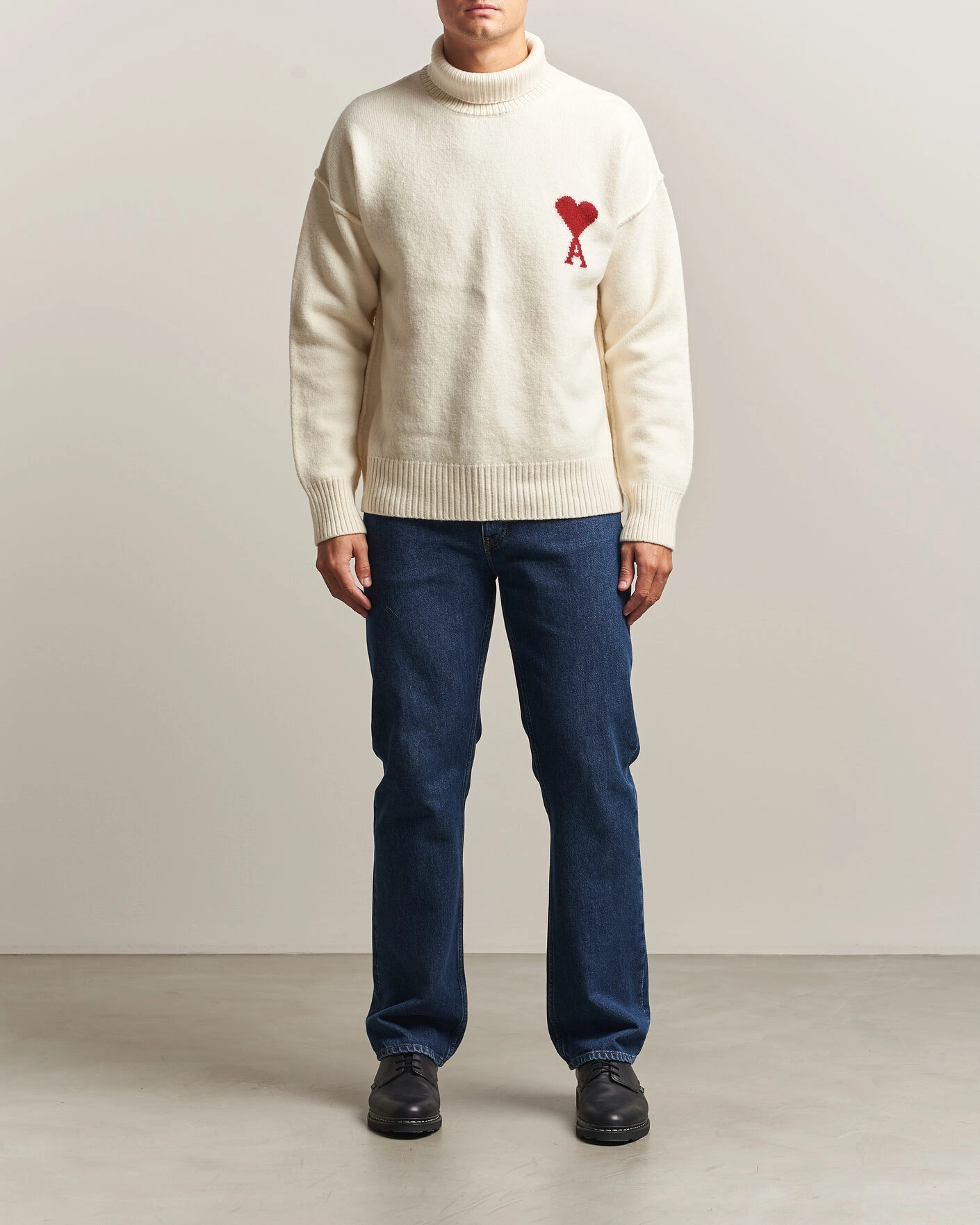 Herr | Tröjor | AMI | Big Heart Logo Wool Knitted Polo Ecru