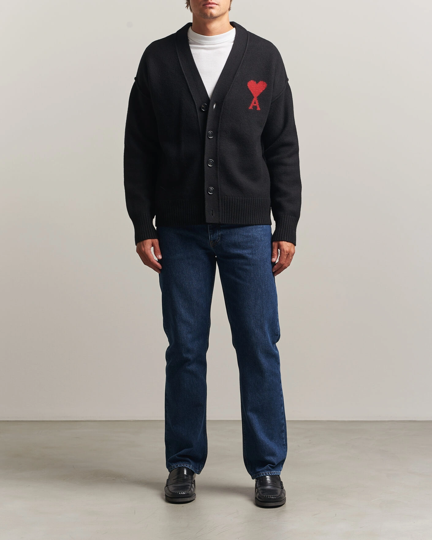 Herr | Tröjor | AMI | Big Heart Logo Wool Knitted Cardigan Black