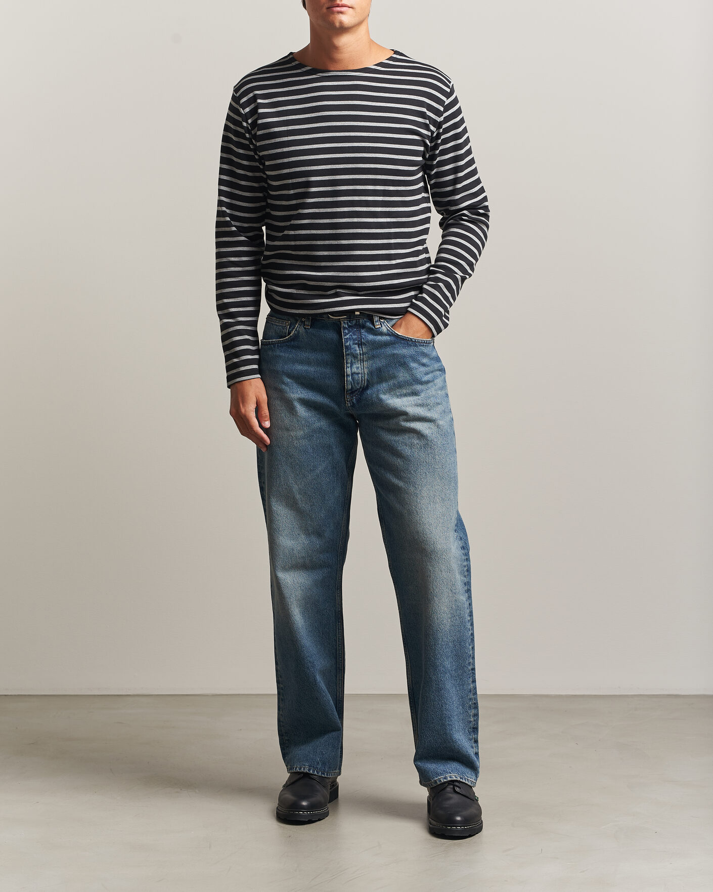 Herr | T-Shirts | Armor-lux | Houat Héritage Stripe Long Sleeve T-Shirt Black/Grey