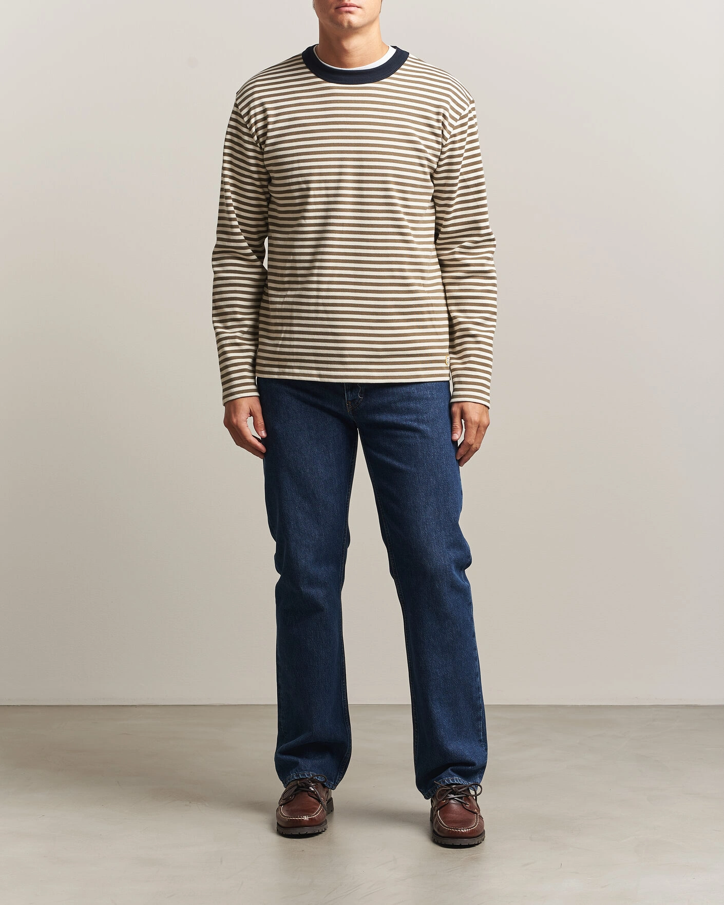 Herr | T-Shirts | Armor-lux | Héritage Striped Long Sleeve T-Shirt Olive/Milk