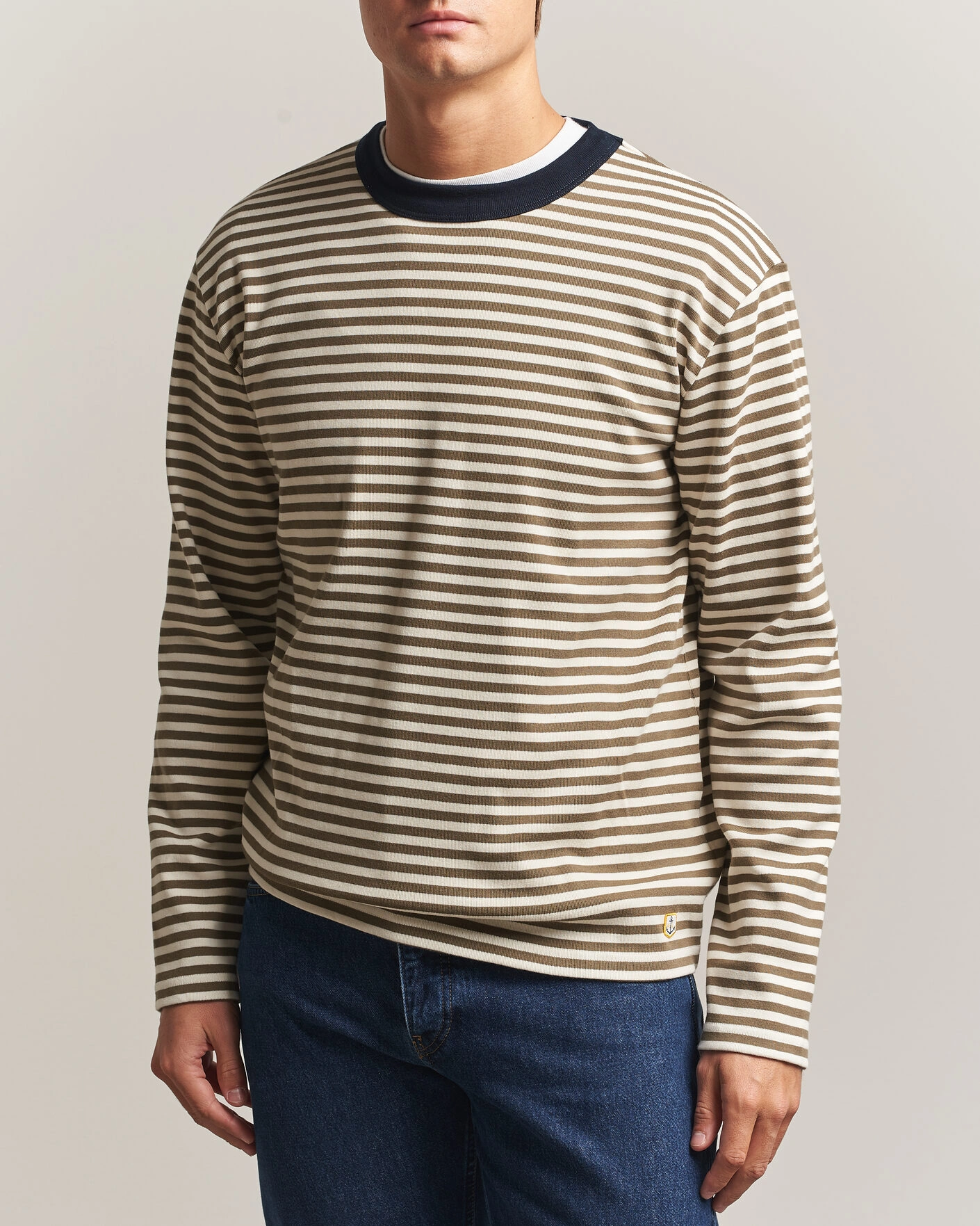 Herr | T-Shirts | Armor-lux | Héritage Striped Long Sleeve T-Shirt Olive/Milk