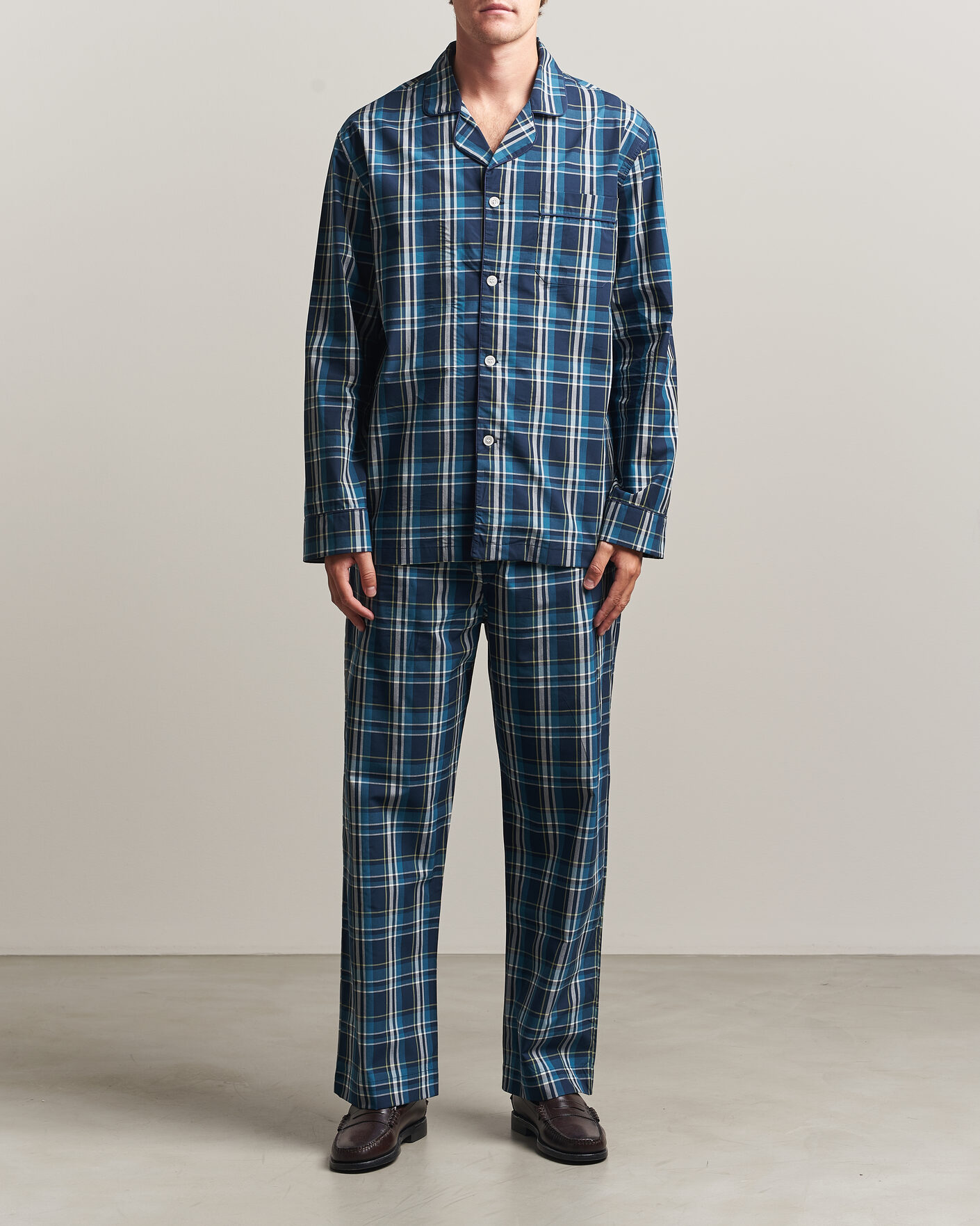 Herr | Pyjamas & Morgonrockar | Derek Rose | Piped Checked Cotton Pyjama Set Navy