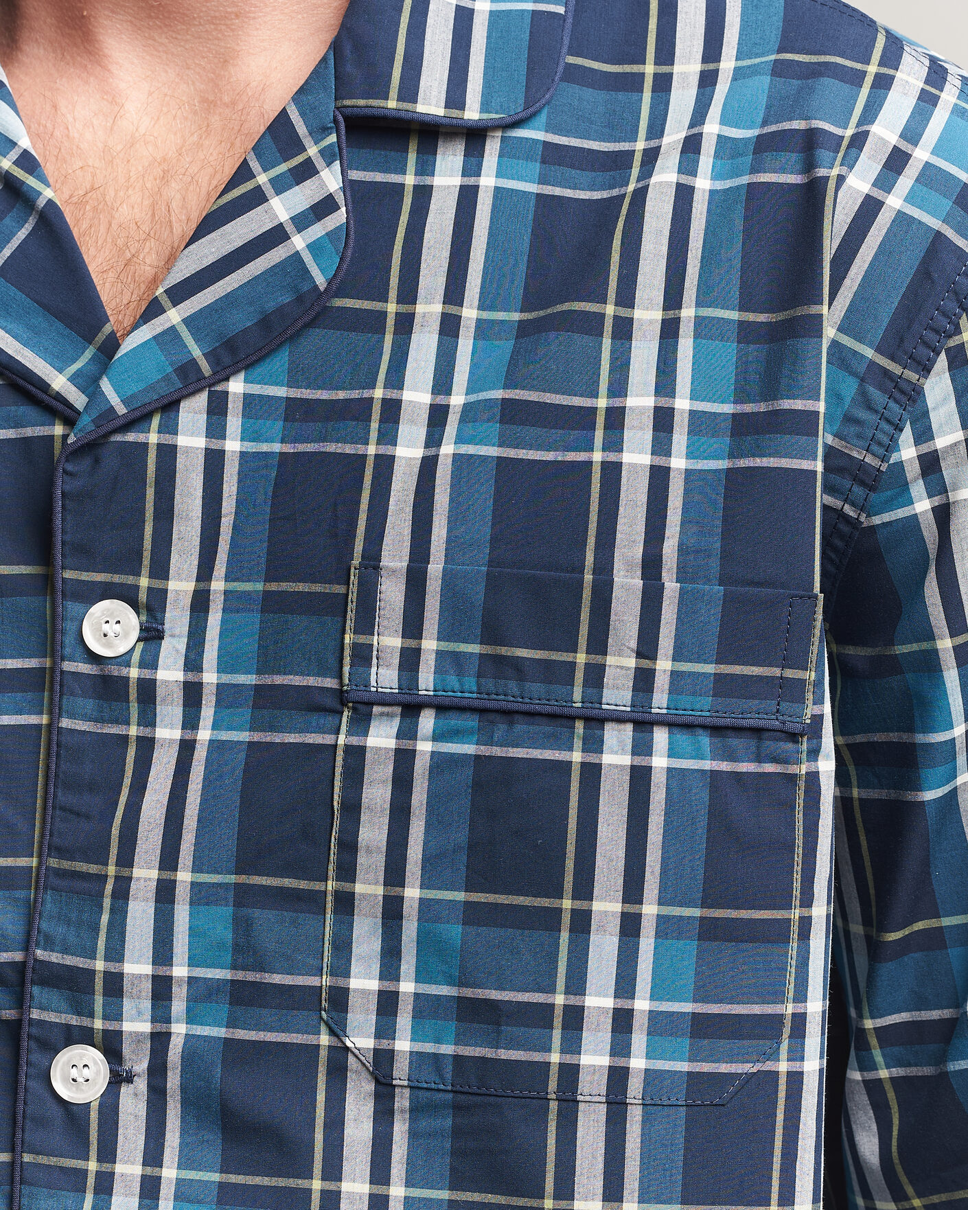 Herr | Pyjamas & Morgonrockar | Derek Rose | Piped Checked Cotton Pyjama Set Navy