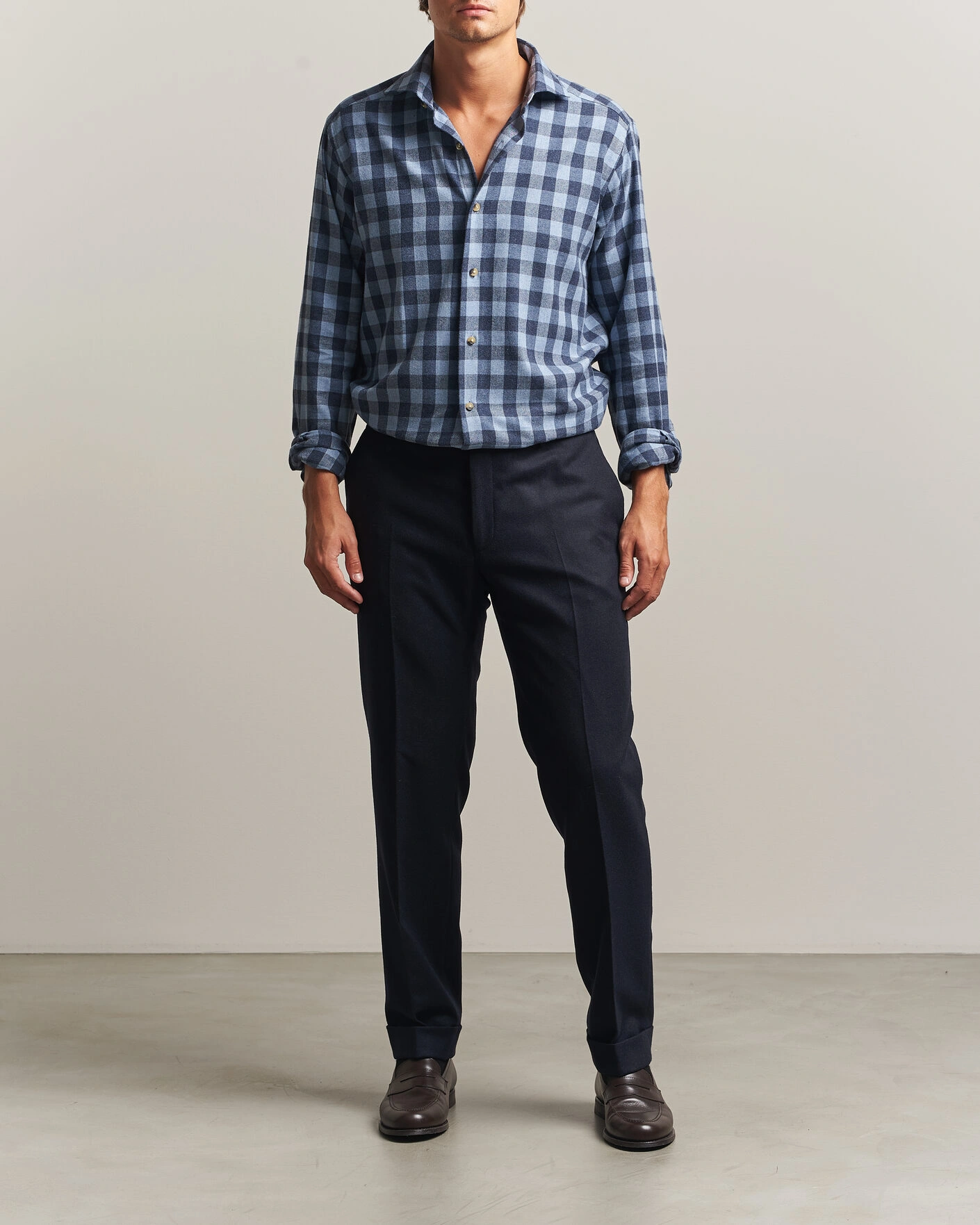 Herr | Skjortor | Eton | Casual Fit Checked Flannel Shirt Mid Blue