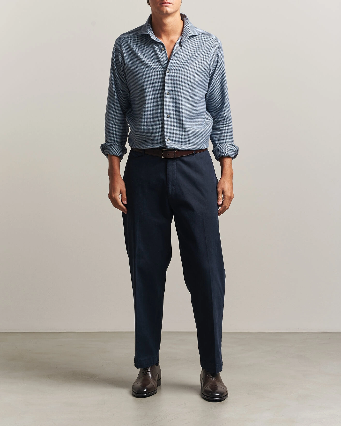 Herr | Skjortor | Eton | Casual Fit Houndstooth Flannel Shirt Mid Blue