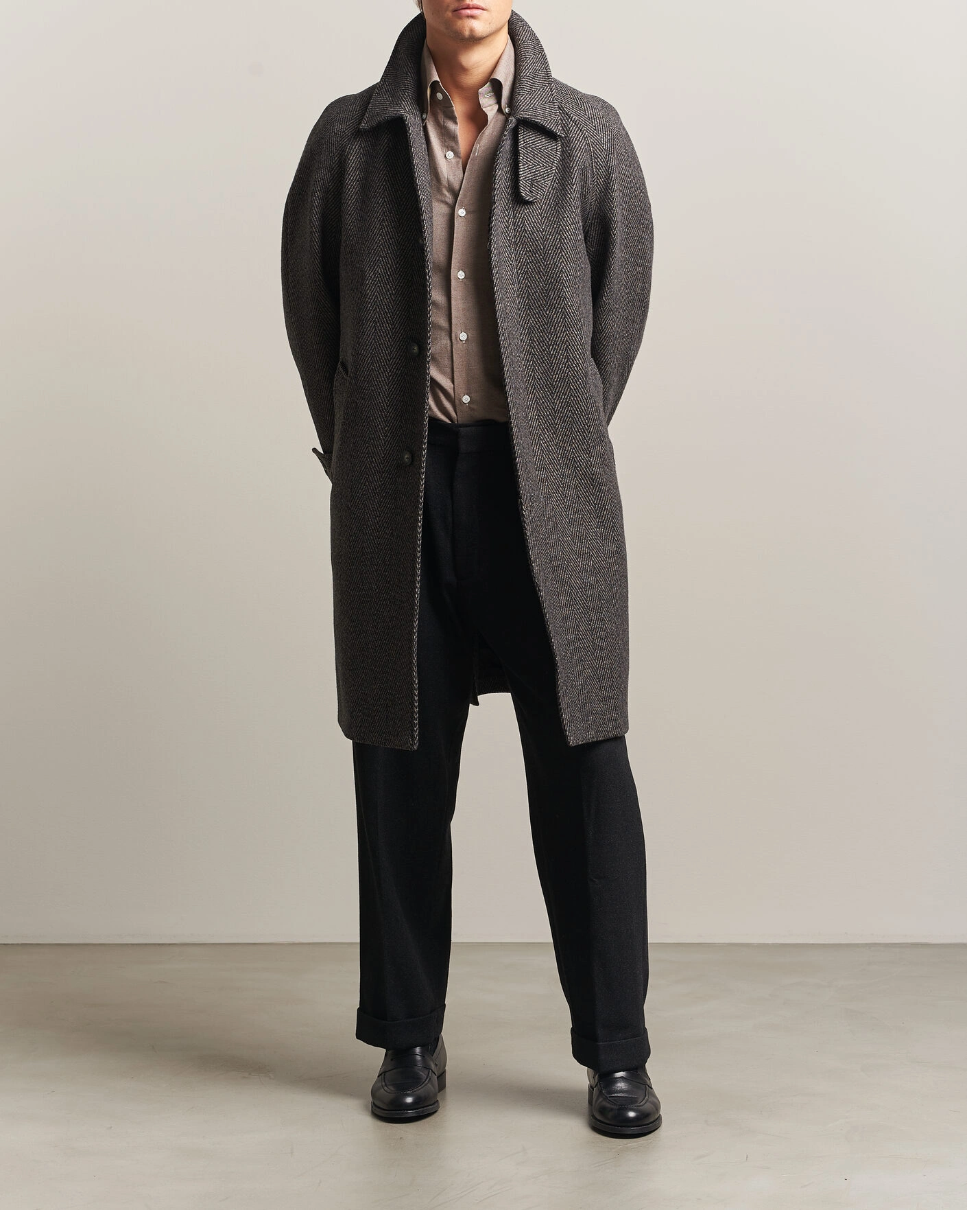 Herr | Jackor | Eton | Wool/Cashmere Herringbone Raglan Coat Dark Brown