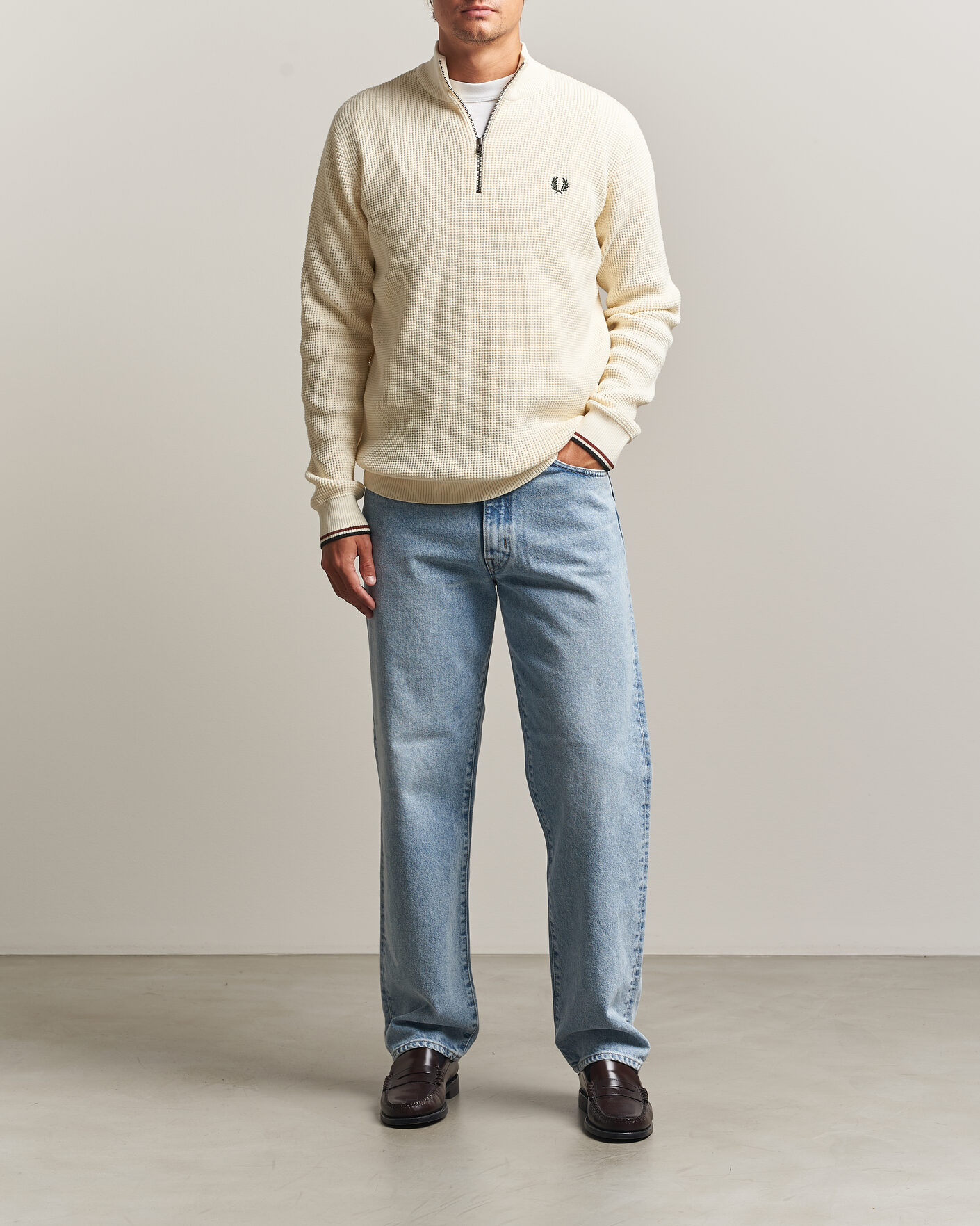 Herr | Tröjor | Fred Perry | Waffle Stitch Half Zip Ecru
