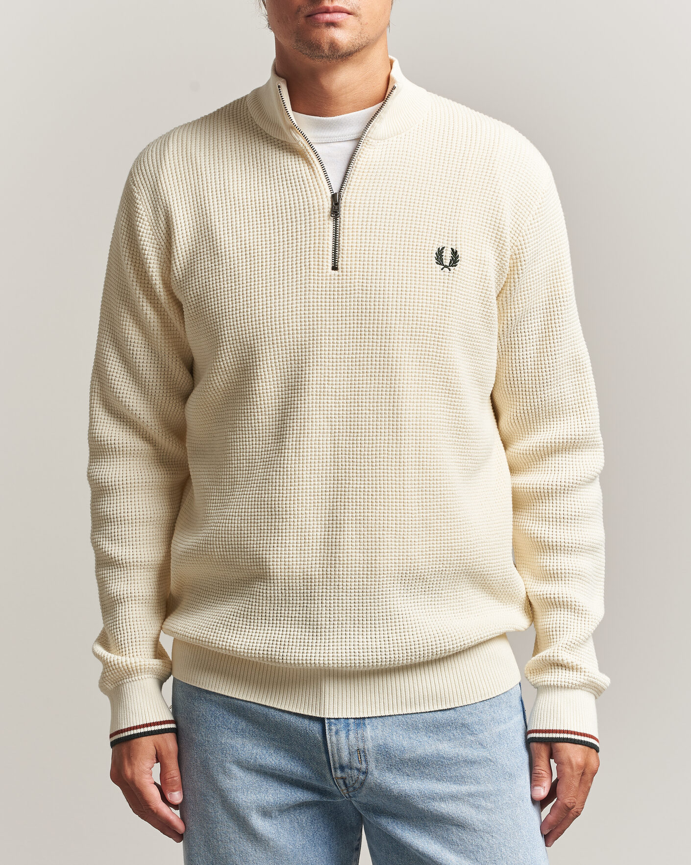 Herr | Tröjor | Fred Perry | Waffle Stitch Half Zip Ecru