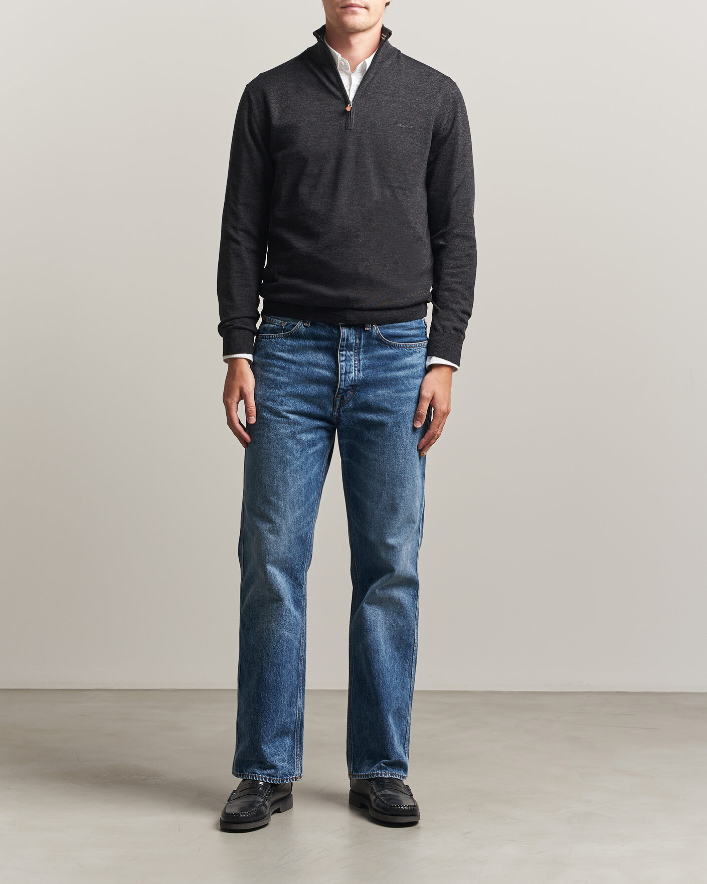 Herr | Tröjor | Gant | Extrafine Merino Knitted Half Zip Dark Charcoal Melange