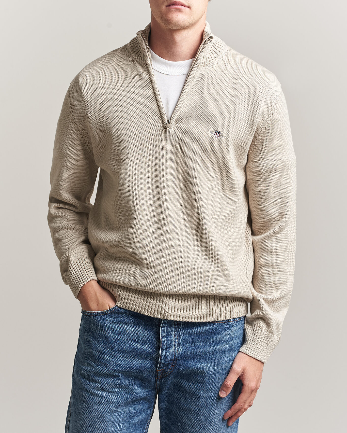 Herr | Tröjor | Gant | Casual Cotton Knitted Half Zip Clay Beige