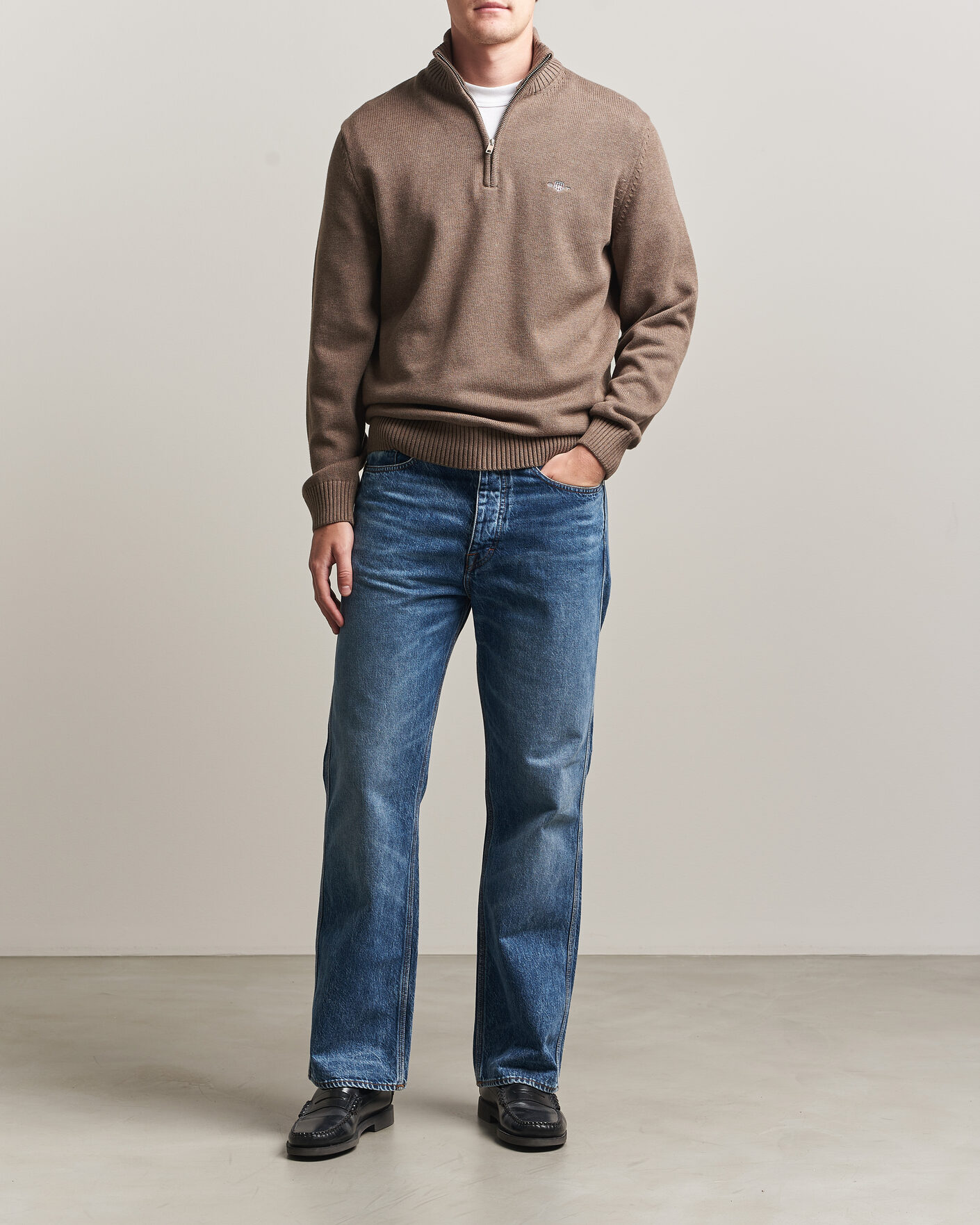 Herr | Tröjor | Gant | Casual Cotton Knitted Half Zip Dark Hazelnut Melange